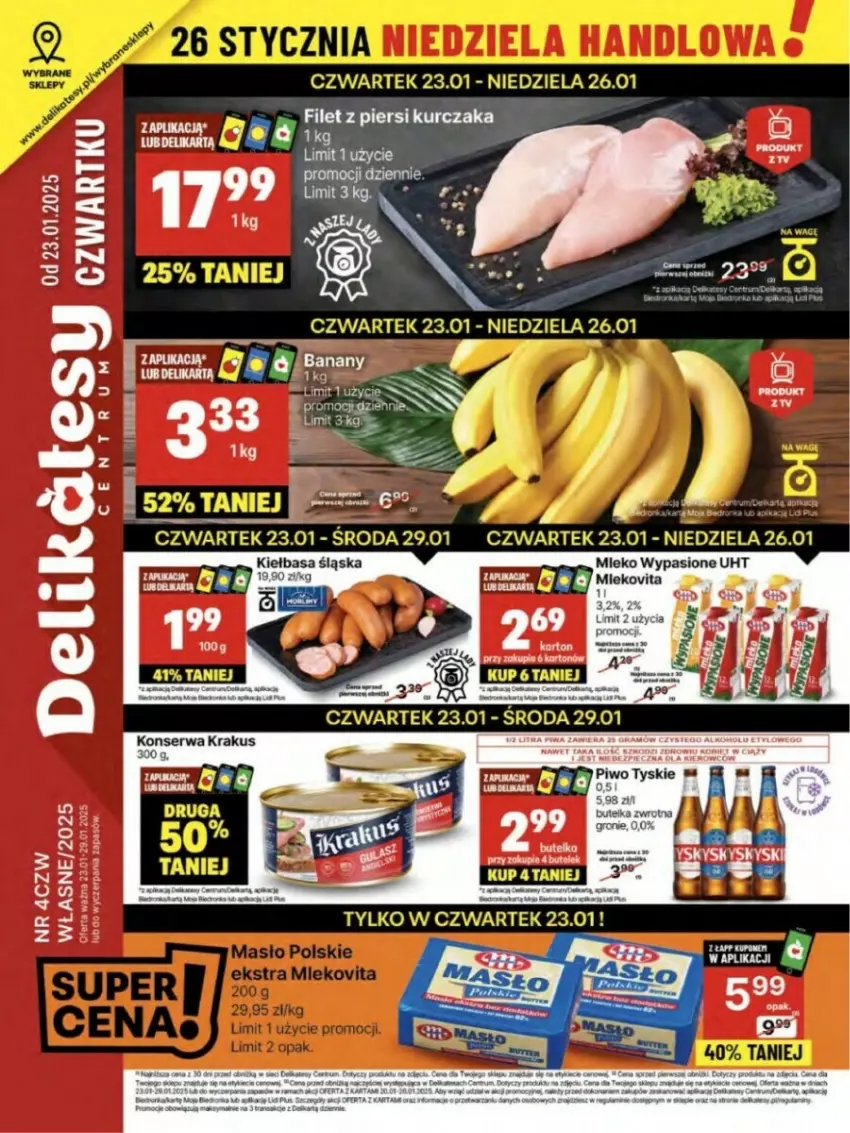 Gazetka promocyjna Delikatesy Centrum - ważna 23.01 do 29.01.2025 - strona 1 - produkty: Acer, Banany, Fa, Gra, Kiełbasa, Kiełbasa śląska, Kurczak, LG, Mars, Mleko, Orka, Rama, Rum, Rura, Tyskie