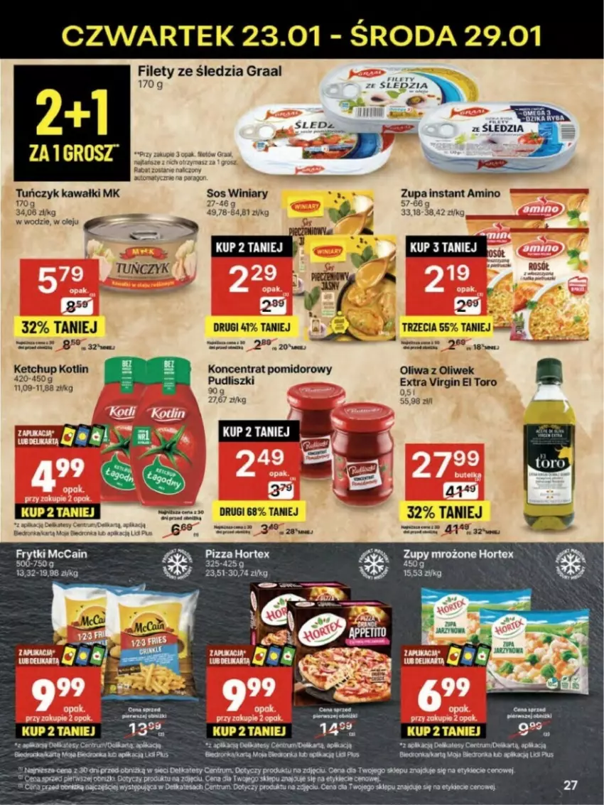 Gazetka promocyjna Delikatesy Centrum - ważna 23.01 do 29.01.2025 - strona 20 - produkty: Frytki, Gin, Gra, Graal, Hortex, Kawa, Ketchup, Koncentrat pomidorowy, Kotlin, McCain, Oliwa, Oliwa z oliwek, Pudliszki, Rosół, Rum, Sos, Tuńczyk, Winiary, Zupa