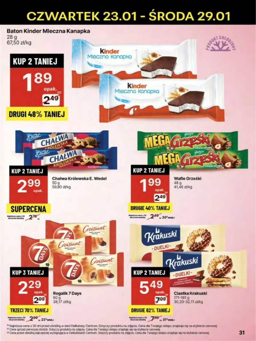 Gazetka promocyjna Delikatesy Centrum - ważna 23.01 do 29.01.2025 - strona 25 - produkty: 7 Days, Baton, Chałwa, Ciastka, E. Wedel, Grześki, Kinder, Krakus, Krakuski, Miecz, Mleczna kanapka, Rogal, Rum, Wafle