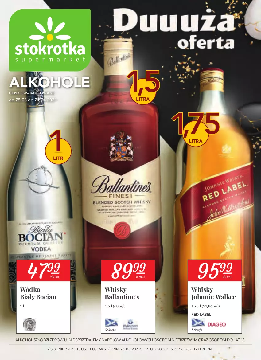 Gazetka promocyjna Stokrotka - Oferta alkoholowa - ważna 25.03 do 21.04.2021 - strona 1 - produkty: Biały Bocian, Johnnie Walker, Koc, Whisky, Wódka