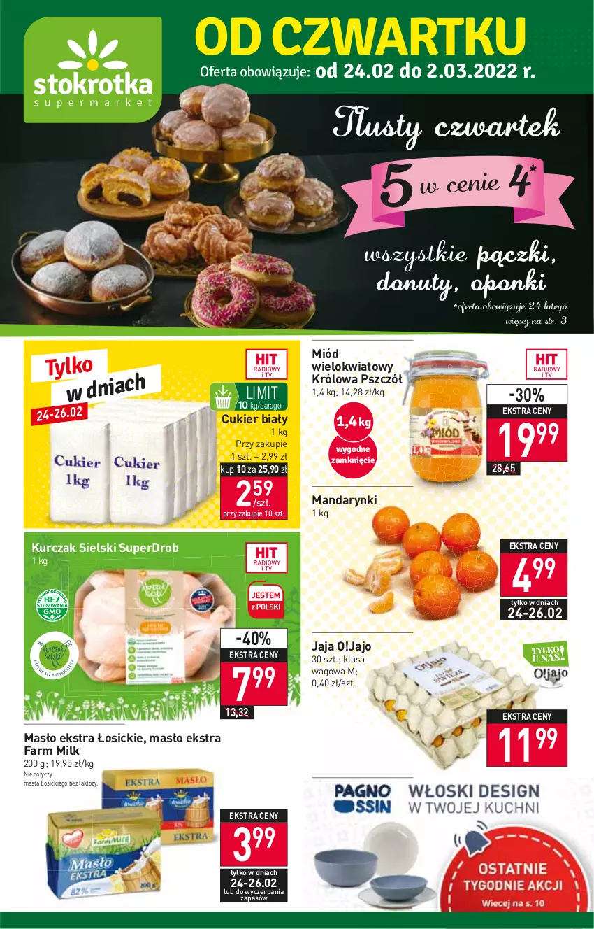 Gazetka promocyjna Stokrotka - Supermarket - ważna 23.02 do 02.03.2022 - strona 1 - produkty: Cukier, Donut, Fa, Farm Milk, Jaja, Kurczak, Mandarynki, Masło, Miód, Nuty