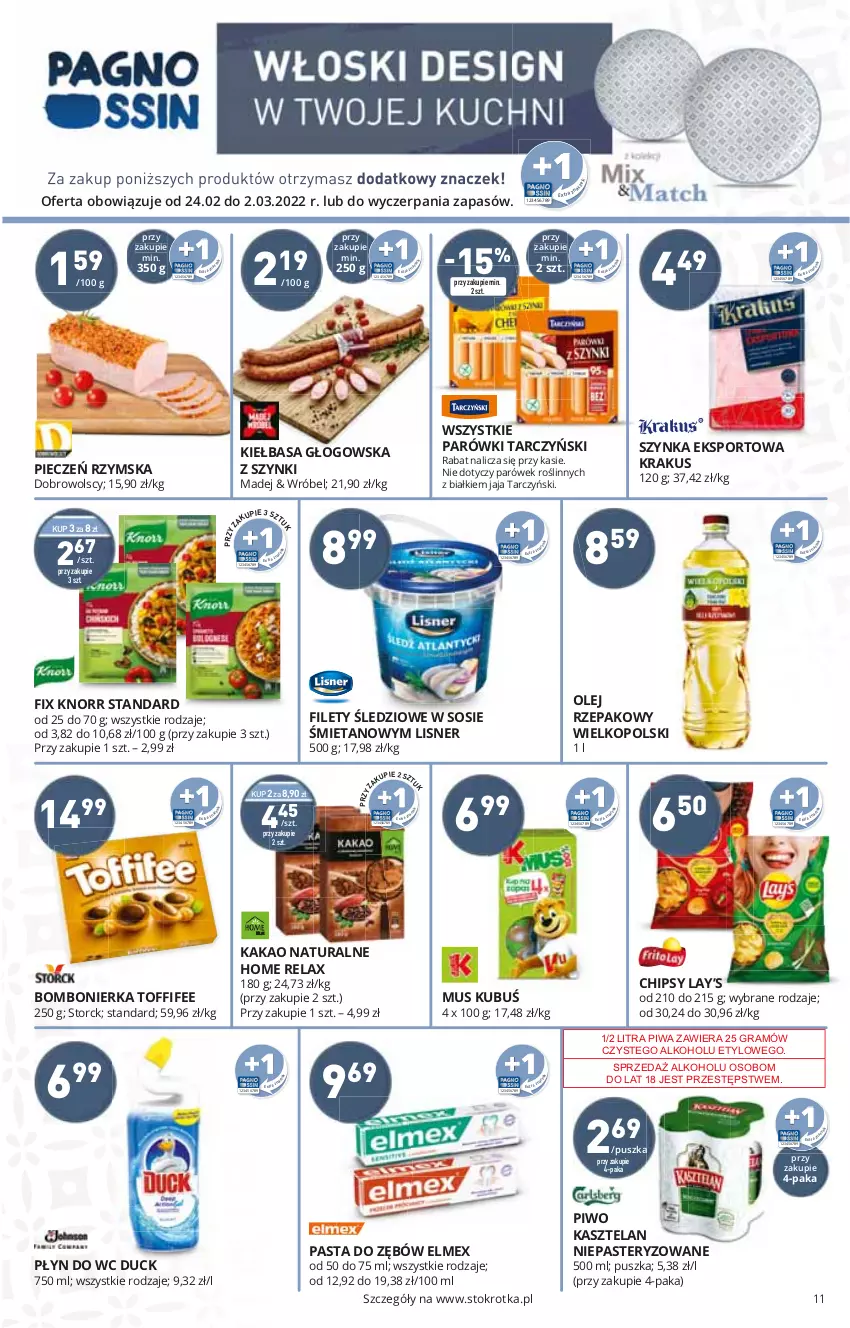 Gazetka promocyjna Stokrotka - Supermarket - ważna 23.02 do 02.03.2022 - strona 11 - produkty: Chipsy, Gra, HP, Kakao, Kasztelan, Krakus, Lay’s, Olej, Olej rzepakowy, Piwa, Piwo, Por, Sport, Szynka