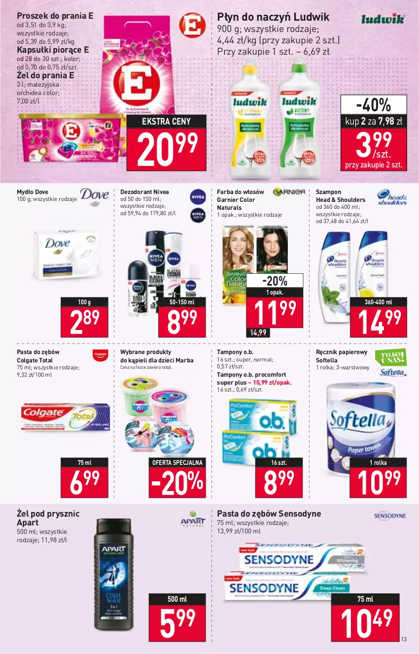 Gazetka promocyjna Stokrotka - Supermarket - ważna 23.02 do 02.03.2022 - strona 13 - produkty: Colgate, Colgate Total, Dezodorant, Dove, Dzieci, Fa, Farba do włosów, Garnier, LG, Ludwik, Mydło, Nivea, O.B., Papier, Pasta do zębów, Proszek do prania, Ręcznik, Sensodyne, Szampon, Tampony