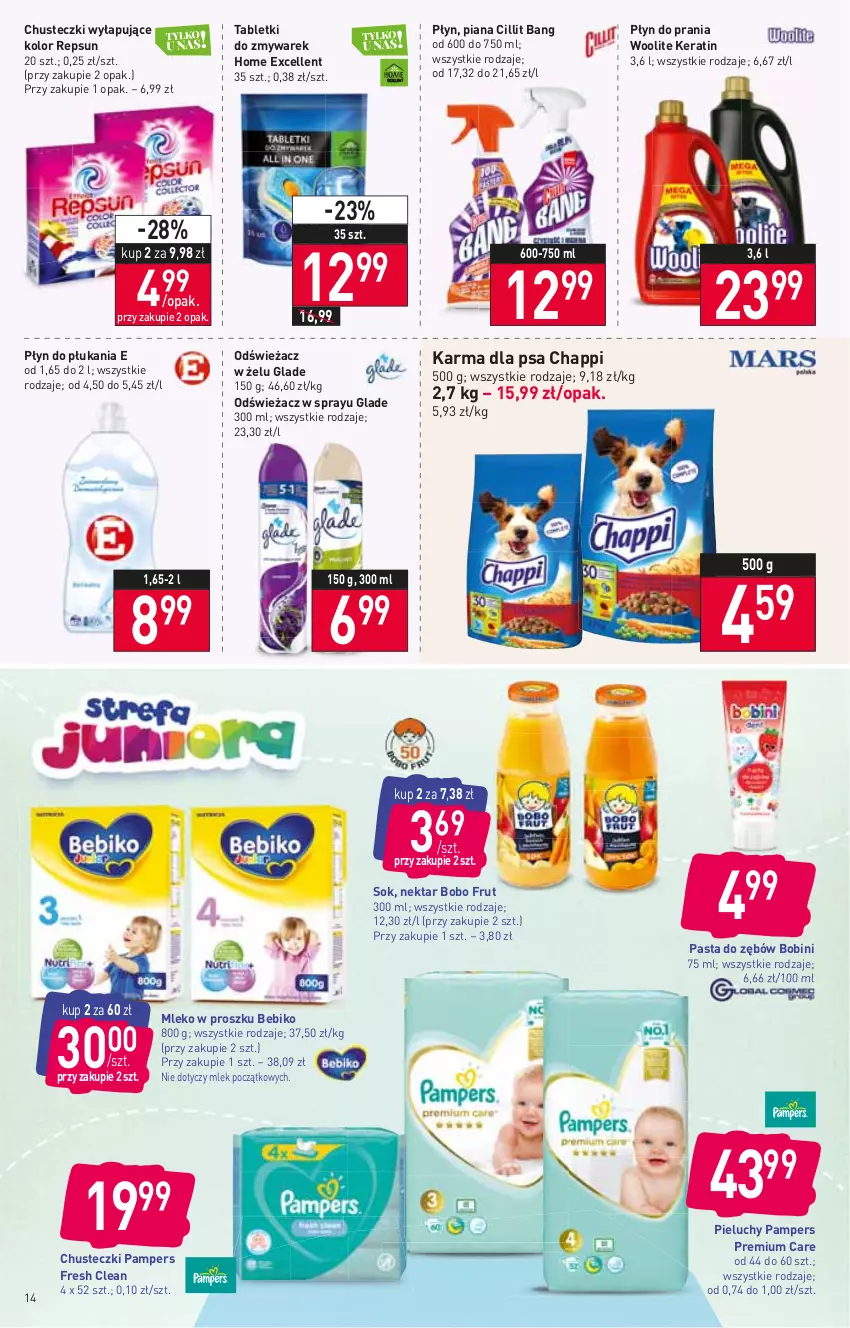 Gazetka promocyjna Stokrotka - Supermarket - ważna 23.02 do 02.03.2022 - strona 14 - produkty: Bebiko, Chappi, Chusteczki, Cillit Bang, Mleko, Mleko w proszku, Nektar, Pampers, Pasta do zębów, Pieluchy, Płyn do płukania, Płyn do prania, Sok, Tablet, Woolite