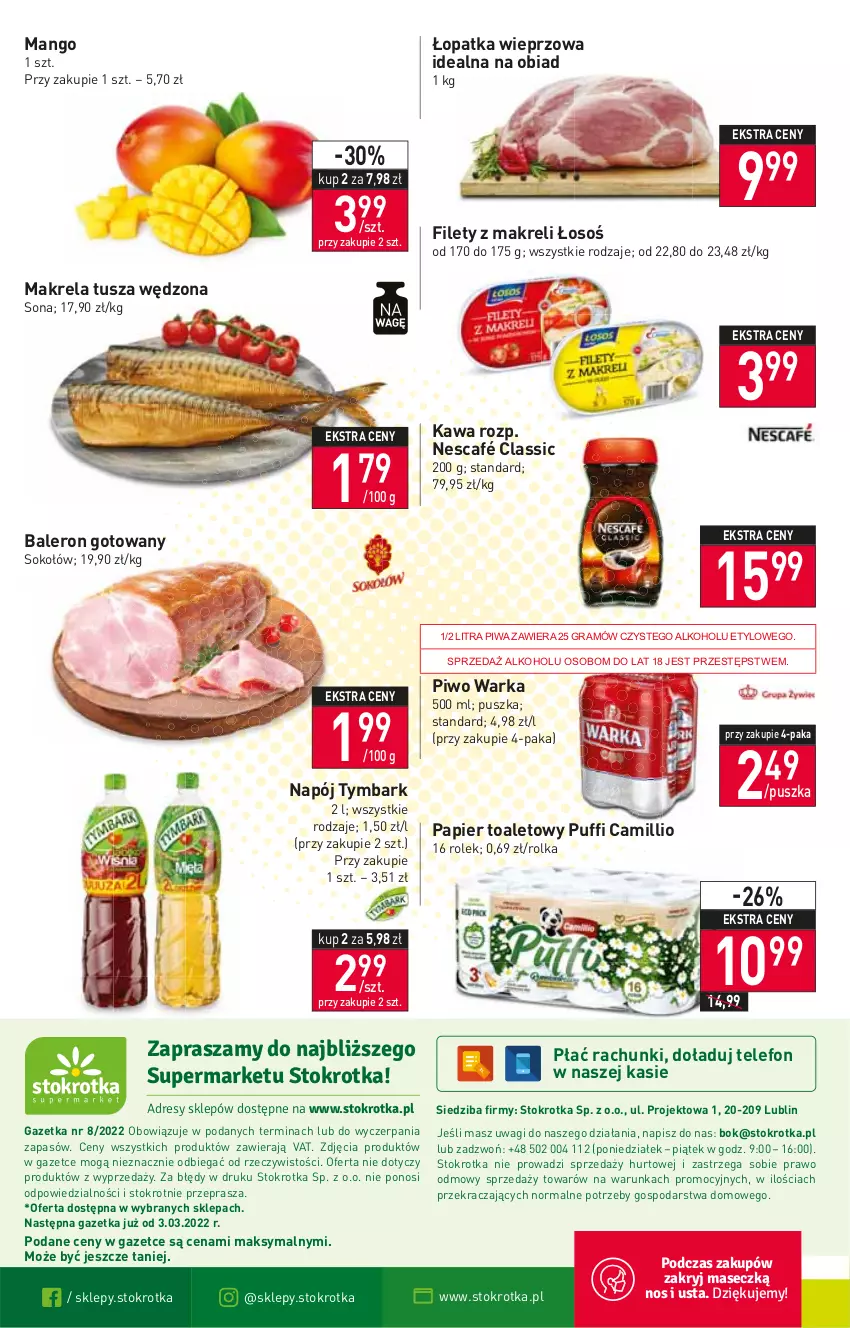 Gazetka promocyjna Stokrotka - Supermarket - ważna 23.02 do 02.03.2022 - strona 16 - produkty: Gra, Kawa, Mango, Napój, Nescafé, O nas, Papier, Papier toaletowy, Piwa, Piwo, Puf, Sok, Sokołów, Telefon, Tusz, Tymbark, Wagi, Warka