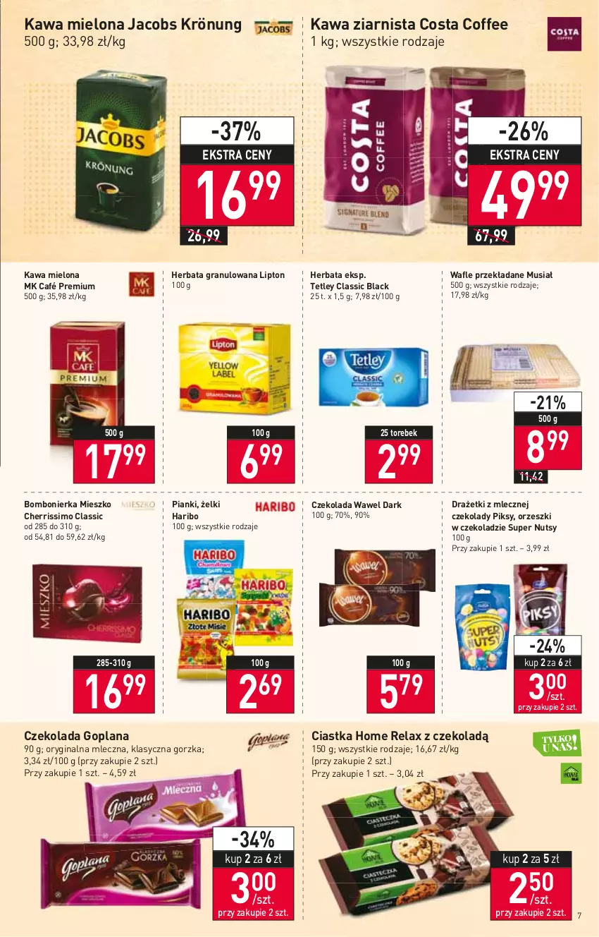 Gazetka promocyjna Stokrotka - Supermarket - ważna 23.02 do 02.03.2022 - strona 7 - produkty: Ciastka, Czekolada, Gin, Goplana, Gra, Haribo, Herbata, Jacobs, Jacobs Krönung, Kawa, Kawa mielona, Kawa ziarnista, Lack, LANA, Lipton, Mus, Orzeszki, Tetley, Wafle, Wawel