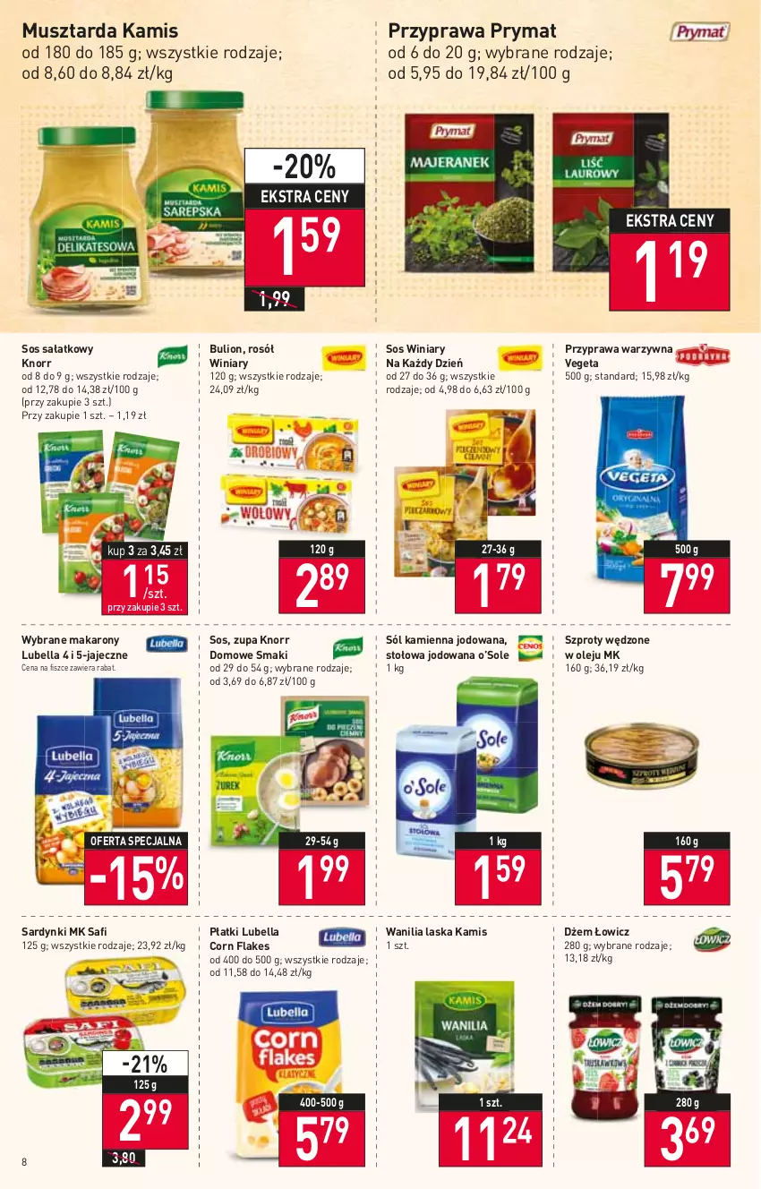 Gazetka promocyjna Stokrotka - Supermarket - ważna 23.02 do 02.03.2022 - strona 8 - produkty: Bell, Bella, Bulion, Corn flakes, Dżem, Kamis, Knorr, Lion, Lubella, Makaron, Mus, Musztarda, Olej, Prymat, Rosół, Sałat, Sardynki, Sól, Sos, Szprot, Vegeta, Winiary, Zupa