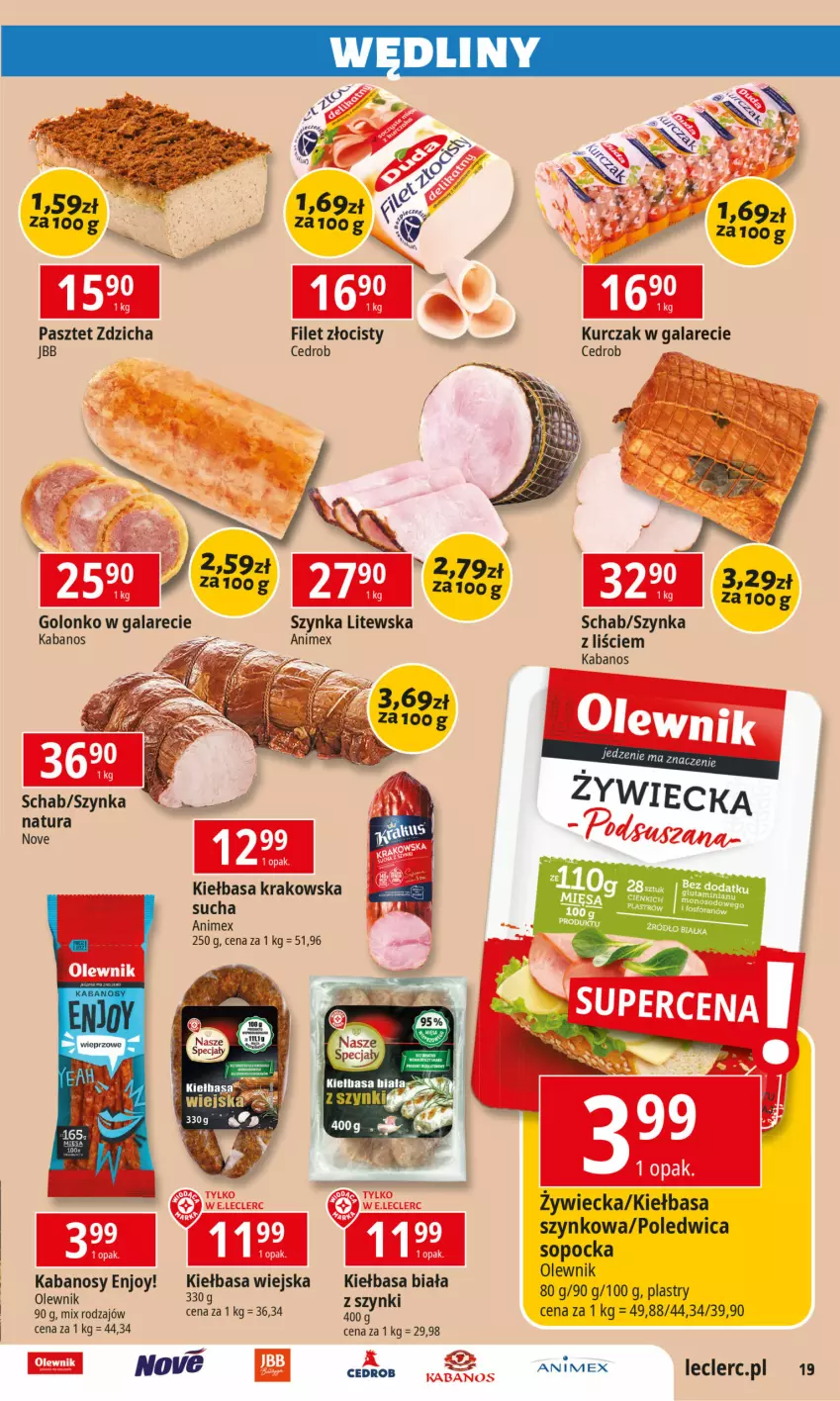 Gazetka promocyjna E Leclerc - ważna 05.11 do 16.11.2024 - strona 19 - produkty: Filet Złocisty, Gala, Kabanos, Kiełbasa, Kiełbasa biała, Kiełbasa krakowska, Kiełbasa wiejska, Kurczak, Olewnik, Pasztet, Szynka