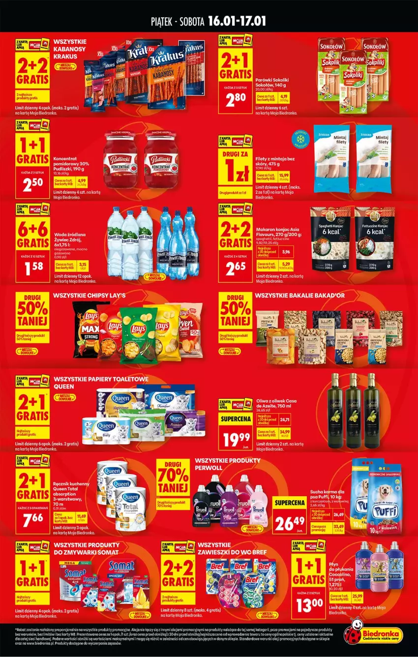 Gazetka promocyjna Biedronka - Tani Weekend - ważna 16.01 do 17.01.2026 - strona 2 - produkty: Chipsy, Gra, Makaron, Mintaj, Oliwa, Oliwa z oliwek, Parówki, Parówki sokoliki, Pudliszki, Puf, Ręcznik, Ręcznik kuchenny, Sok, Sokołów, Somat, Spaghetti, Zmywarki
