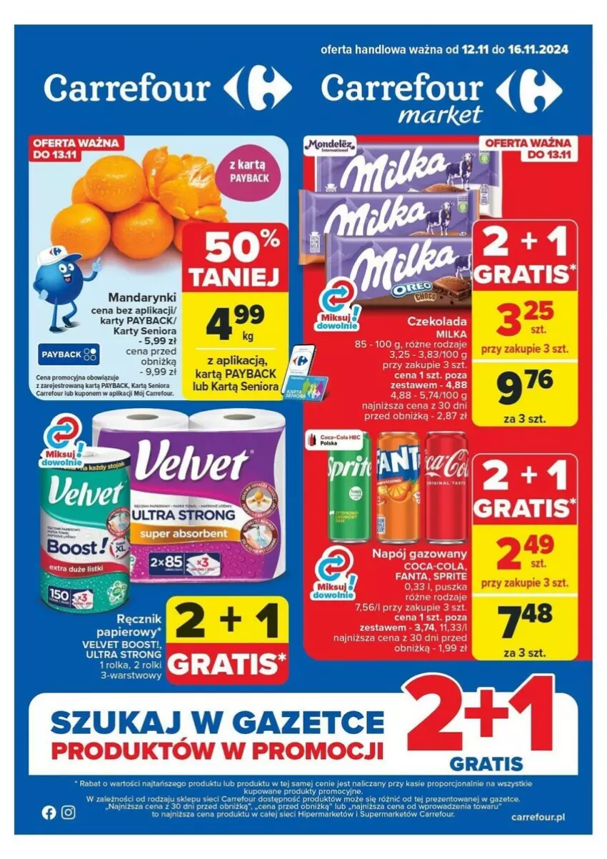 Gazetka promocyjna Carrefour - ważna 12.11 do 16.11.2024 - strona 1 - produkty: Coca-Cola, Czekolada, Fa, Fanta, Mandarynki, Napój, Napój gazowany, Ręcznik, Rolki, Sprite