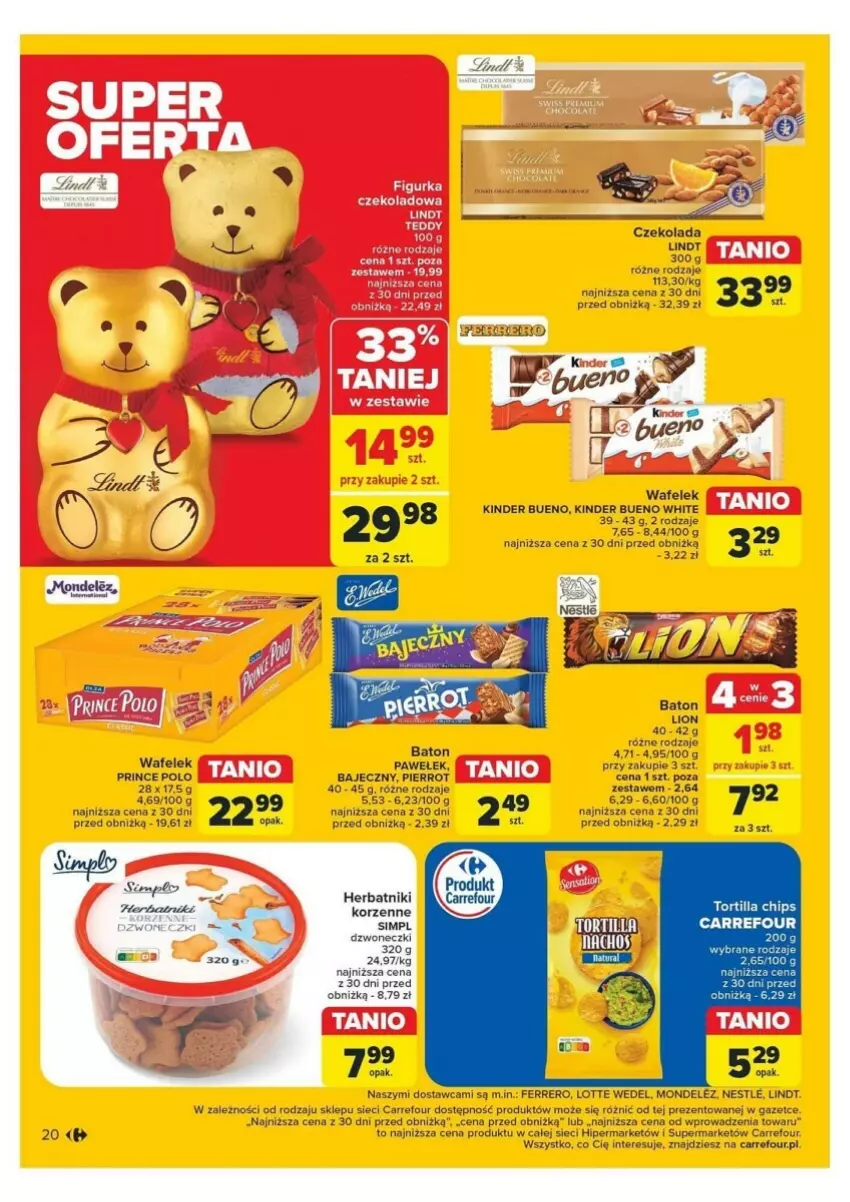 Gazetka promocyjna Carrefour - ważna 12.11 do 16.11.2024 - strona 13 - produkty: Baton, Czekolada, Ferrero, Kinder, Kinder Bueno, Lindt, Prince Polo, Tortilla, Tortilla Chips, Wafelek