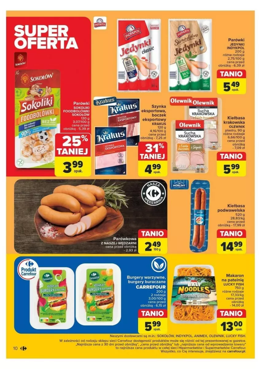 Gazetka promocyjna Carrefour - ważna 12.11 do 16.11.2024 - strona 2 - produkty: Boczek, Burger, Kiełbasa, Kiełbasa podwawelska, Makaron, Olewnik, Parówki, Sok, Sokołów, Szynka, Wawel