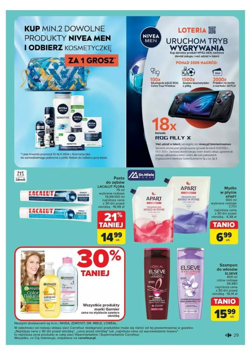 Gazetka promocyjna Carrefour - ważna 12.11 do 16.11.2024 - strona 22 - produkty: Asus, Elseve, Garnier, Gry, Konsola, Kosmetyczka, Mydło, Mydło w płynie, Nivea, Nivea Men, Słuchawki, Szampon