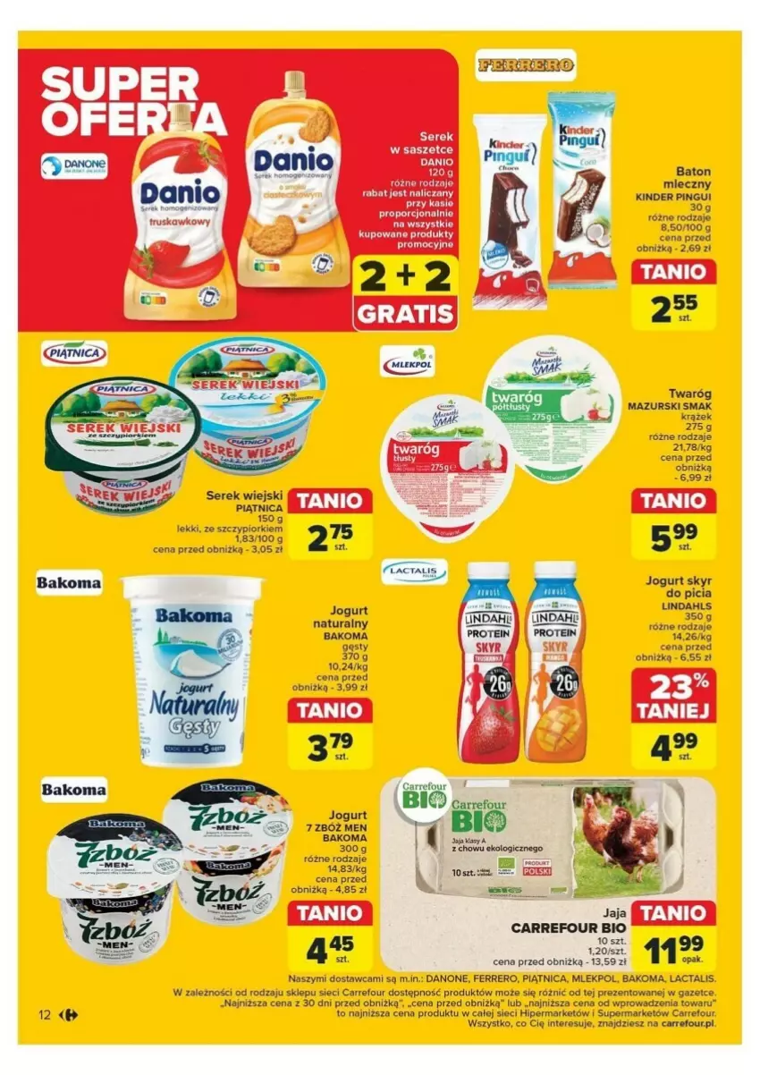 Gazetka promocyjna Carrefour - ważna 12.11 do 16.11.2024 - strona 4 - produkty: Amica, Bakoma, Baton, Danio, Danone, Fa, Ferrero, Gra, Jaja, Jogurt, Kinder, Piątnica, Sati, Ser, Serek, Serek wiejski, Twaróg