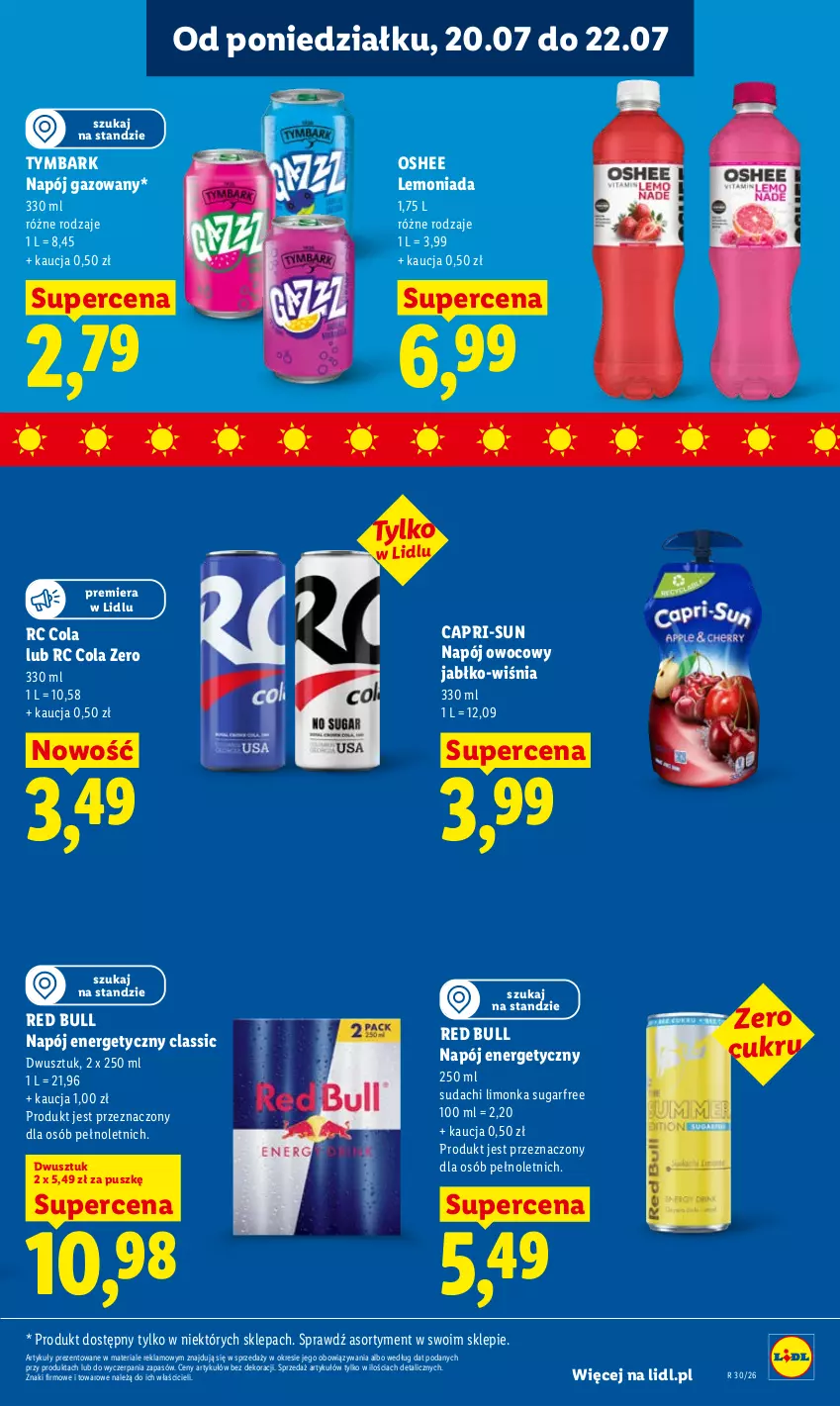 Gazetka promocyjna Lidl - Gazetka ważna od 20.07 do 22.07 - ważna 20.07 do 22.07.2026 - strona 75 - produkty: Lemoniada, Limonka, Napój, Napój energetyczny, Napój gazowany, Oshee, Red Bull, Tymbark