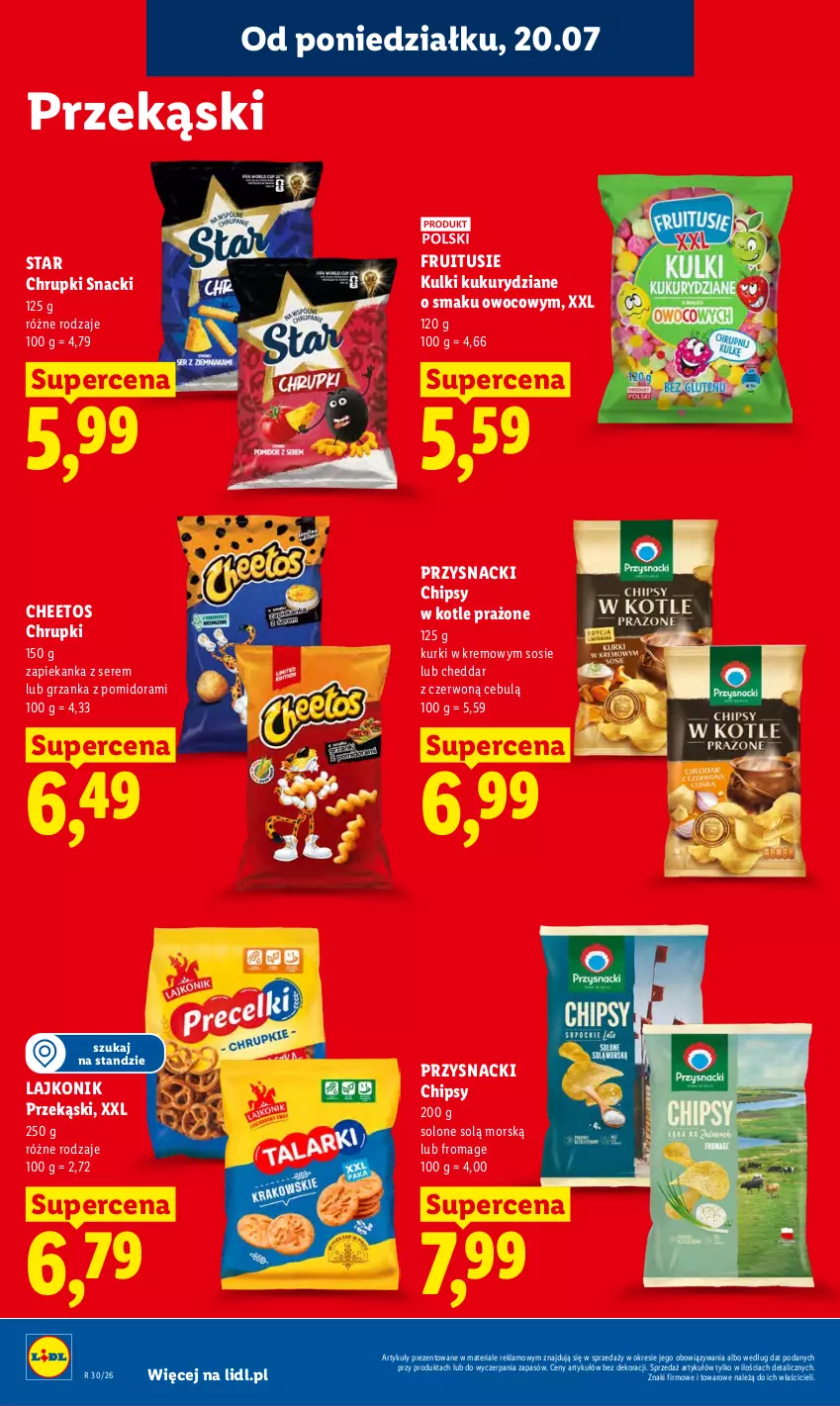 Gazetka promocyjna Lidl - Gazetka ważna od 20.07 do 22.07 - ważna 20.07 do 22.07.2026 - strona 82 - produkty: Cheddar, Cheetos, Chipsy, Chrupki, Lajkonik, Przysnacki, Ser, Sos, Zapiekanka