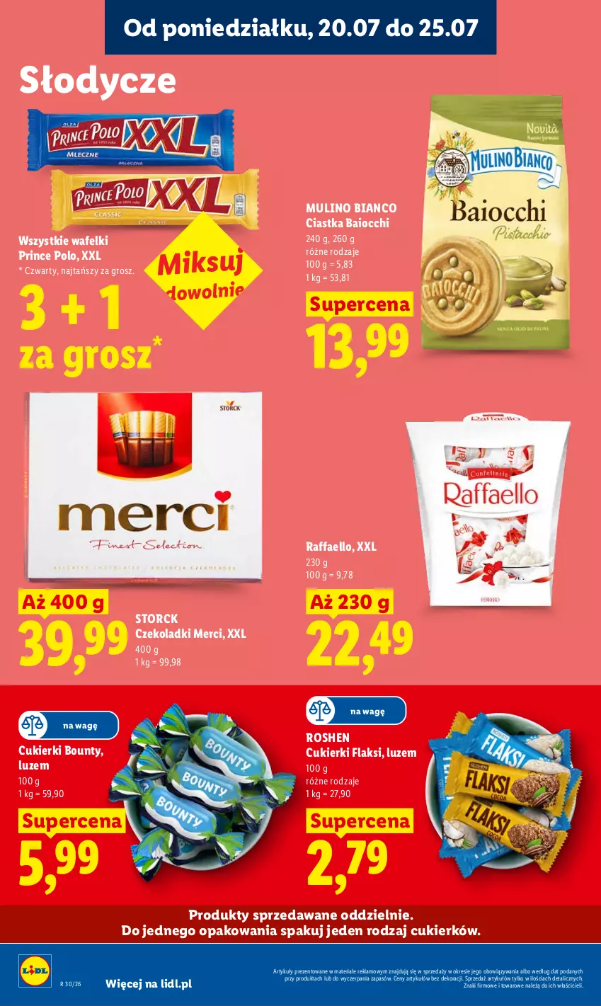 Gazetka promocyjna Lidl - Gazetka ważna od 20.07 do 22.07 - ważna 20.07 do 22.07.2026 - strona 88 - produkty: Bounty, Ciastka, Cukier, Cukierki, Fa, Merci, Prince Polo, Raffaello