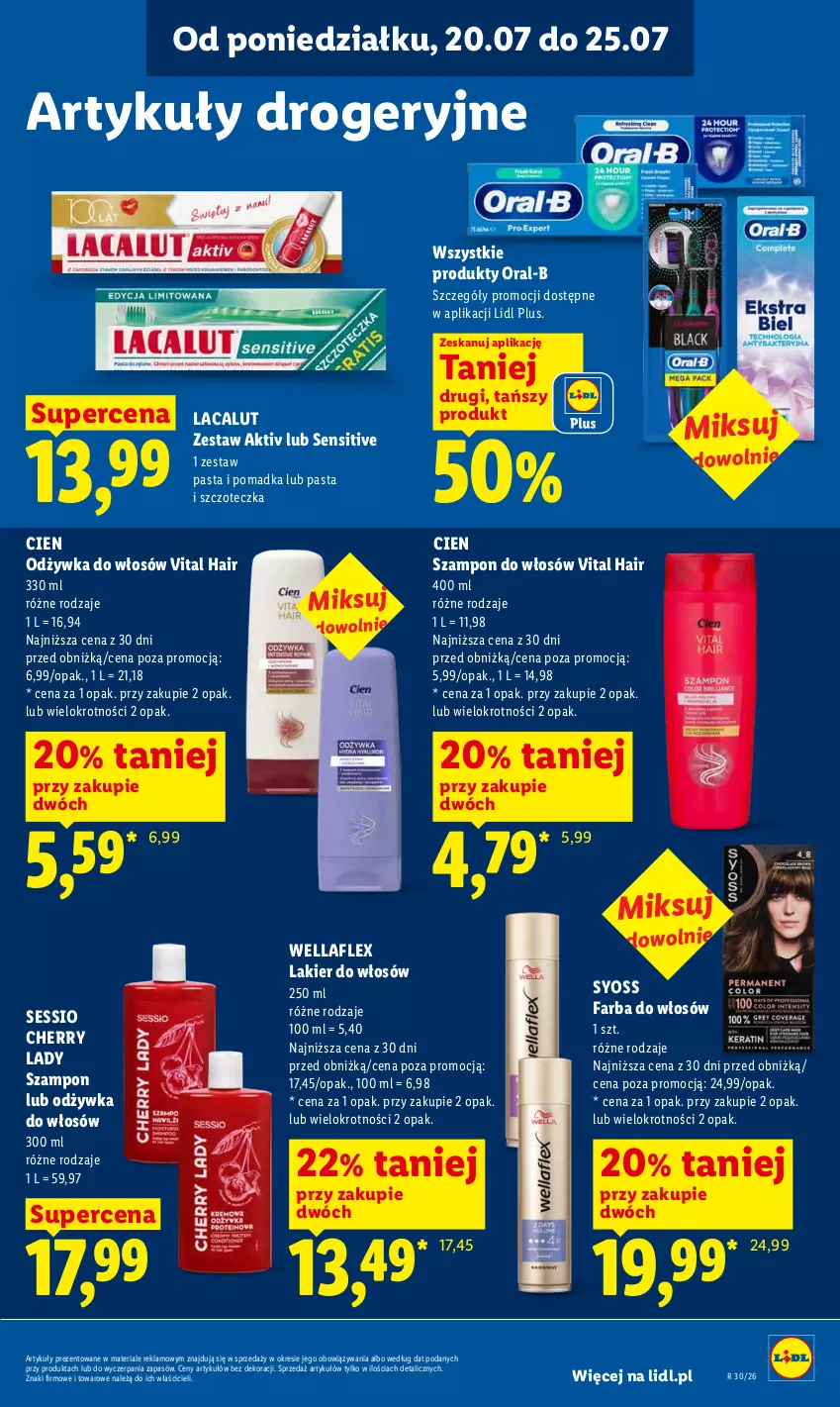 Gazetka promocyjna Lidl - Gazetka ważna od 20.07 do 22.07 - ważna 20.07 do 22.07.2026 - strona 95 - produkty: Fa, Farba do włosów, Lacalut, Lakier, Lakier do włosów, Odżywka, SESSIO, Syoss, Szampon, Szczoteczka, Wella, Wellaflex