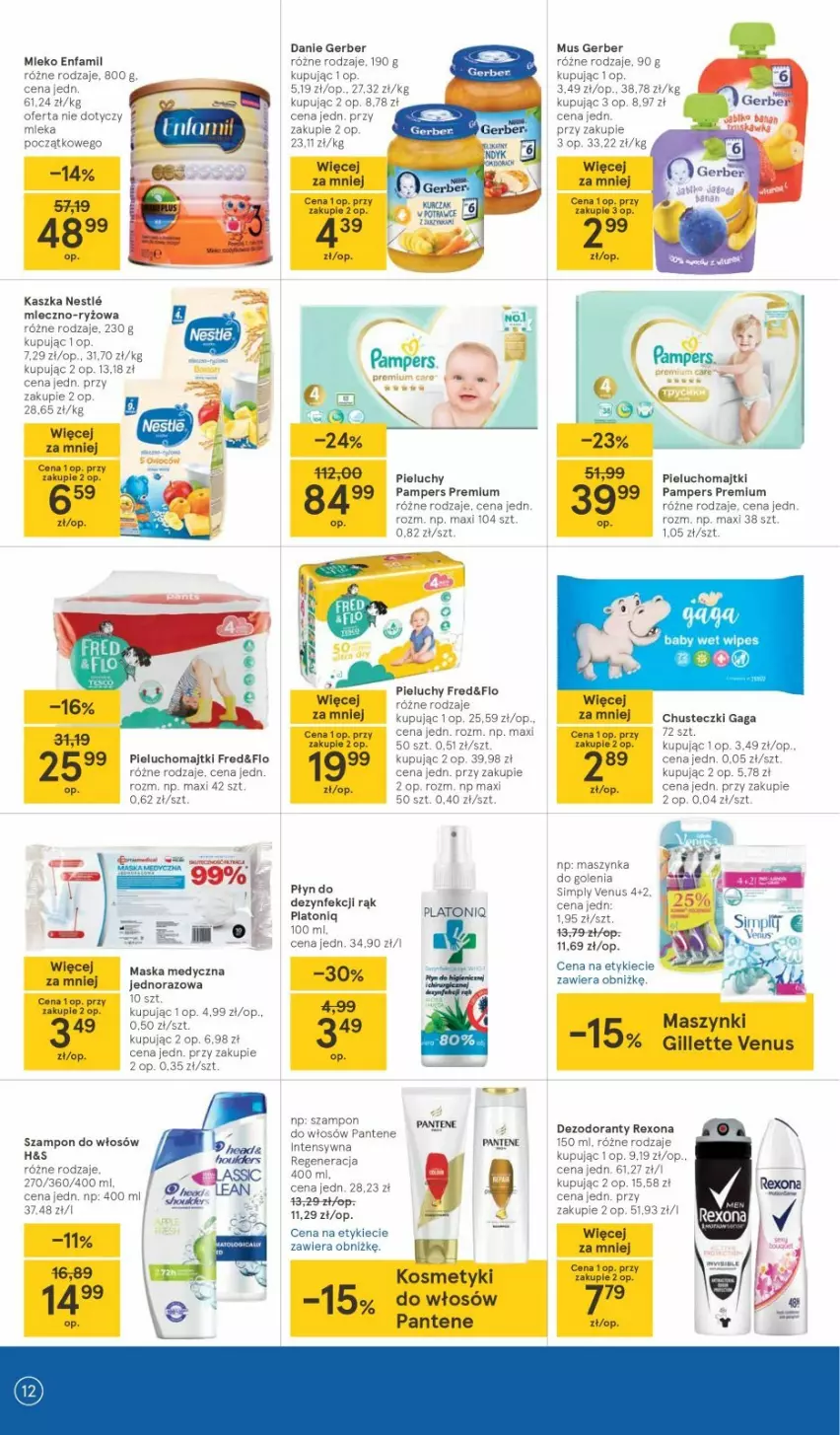 Gazetka promocyjna Tesco - Tesco gazetka - przyszły tydzień - ważna 29.04 do 05.05.2021 - strona 12 - produkty: Chusteczki, Dezodorant, Enfamil, Fa, Gaga, Gerber, Majtki, Maszynka, Maszynka do golenia, Mleko, Mus, Pampers, Pantene, Pieluchomajtki, Pieluchy, Rexona, Ryż, Szampon, Szynka, Venus