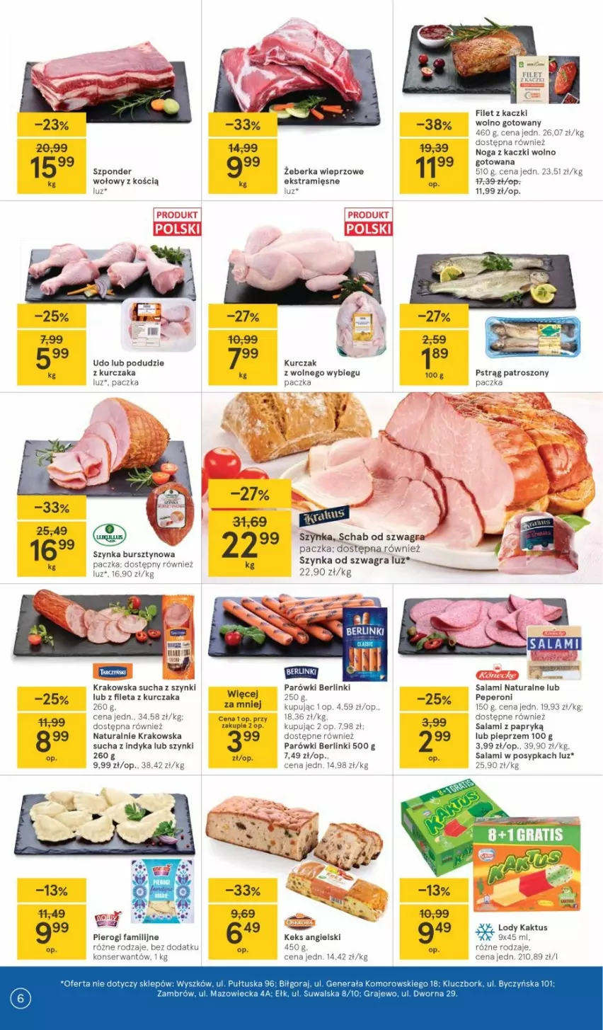 Gazetka promocyjna Tesco - Tesco gazetka - przyszły tydzień - ważna 29.04 do 05.05.2021 - strona 6 - produkty: Berlinki, Fa, Gra, Kaktus, Kurczak, Lody, Noga z kaczki, Parówki, Pur, Salami, Sałat, Szynka