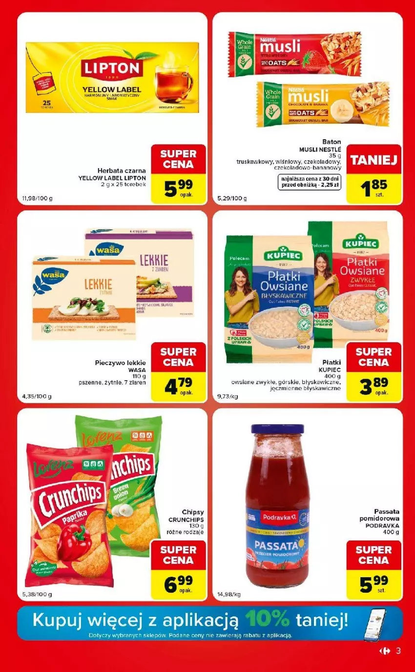 Gazetka promocyjna Carrefour - Gazetka Carrefour Market w SUMIE ekspresowe zakupy - ważna 28.07 do 03.08.2026 - strona 3 - produkty: Baton, Chipsy, Crunchips, Fa, Gaga, Herbata, Herbata czarna, Kupiec, Lipton, Mus, Piec, Pieczywo, Wanna, Wasa