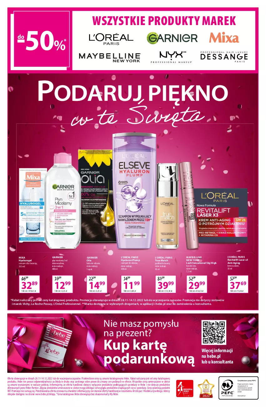 Gazetka promocyjna Hebe - Gazetka - ważna 28.11 do 14.12.2022 - strona 16 - produkty: Bell, Dres, Fa, Farba do włosów, Garnier, Gin, Krem na dzień, L’Oréal, Maybelline, Mixa, Płyn micelarny, Podkład, Podkład do twarzy, Rum, Sati, Ser, Serum, Serum do twarzy, Szampon, Tusz, Vichy