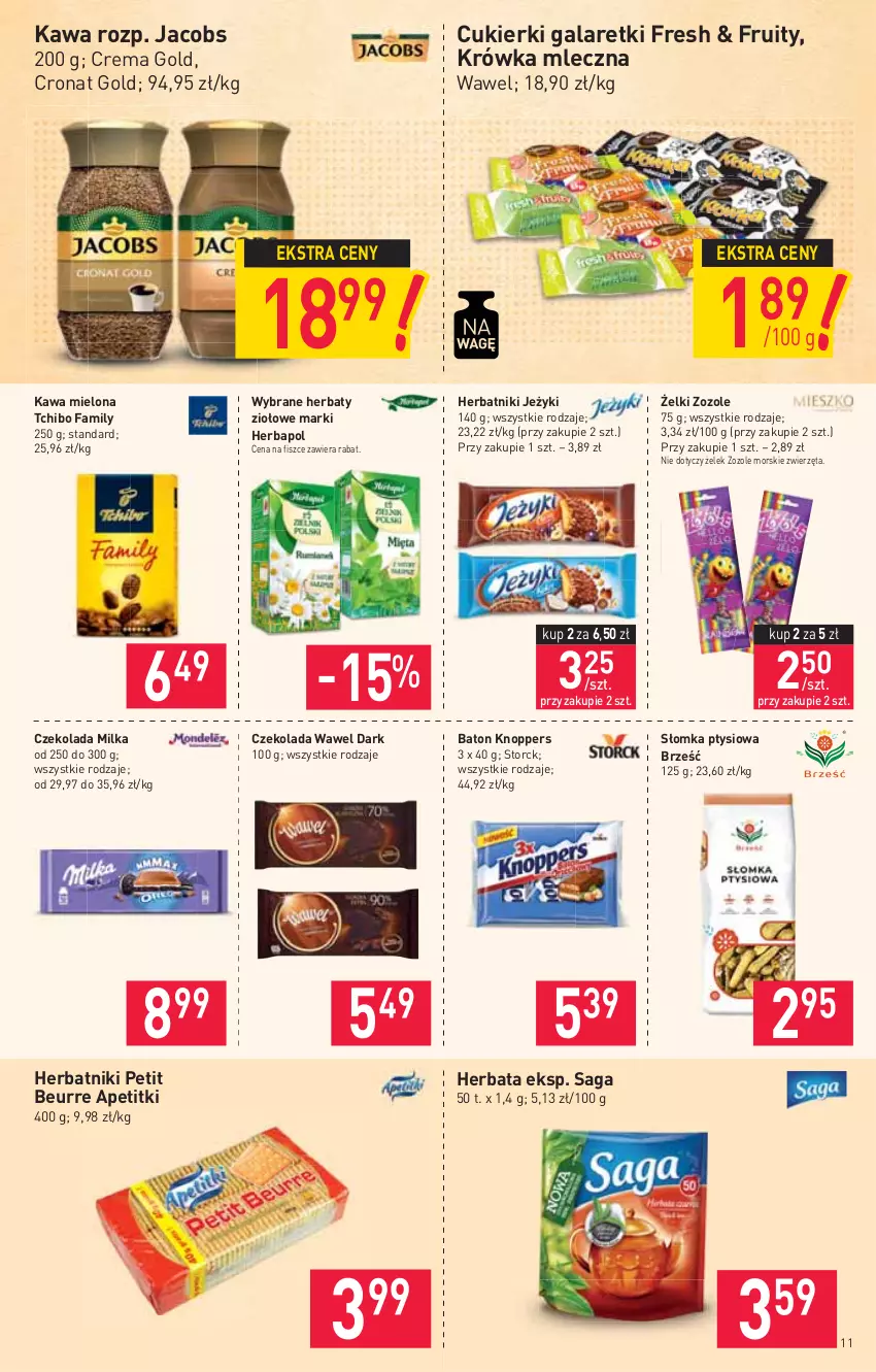 Gazetka promocyjna Stokrotka - Supermarket - ważna 10.11 do 17.11.2021 - strona 11 - produkty: Baton, Cukier, Cukierki, Czekolada, Fa, Gala, Galaretki, Herbapol, Herbata, Herbatniki, Herbatniki Petit Beurre, Jacobs, Jeżyki, Kawa, Kawa mielona, Knoppers, Milka, Saga, Tchibo, Tchibo Family, Wawel, Zwierzęta