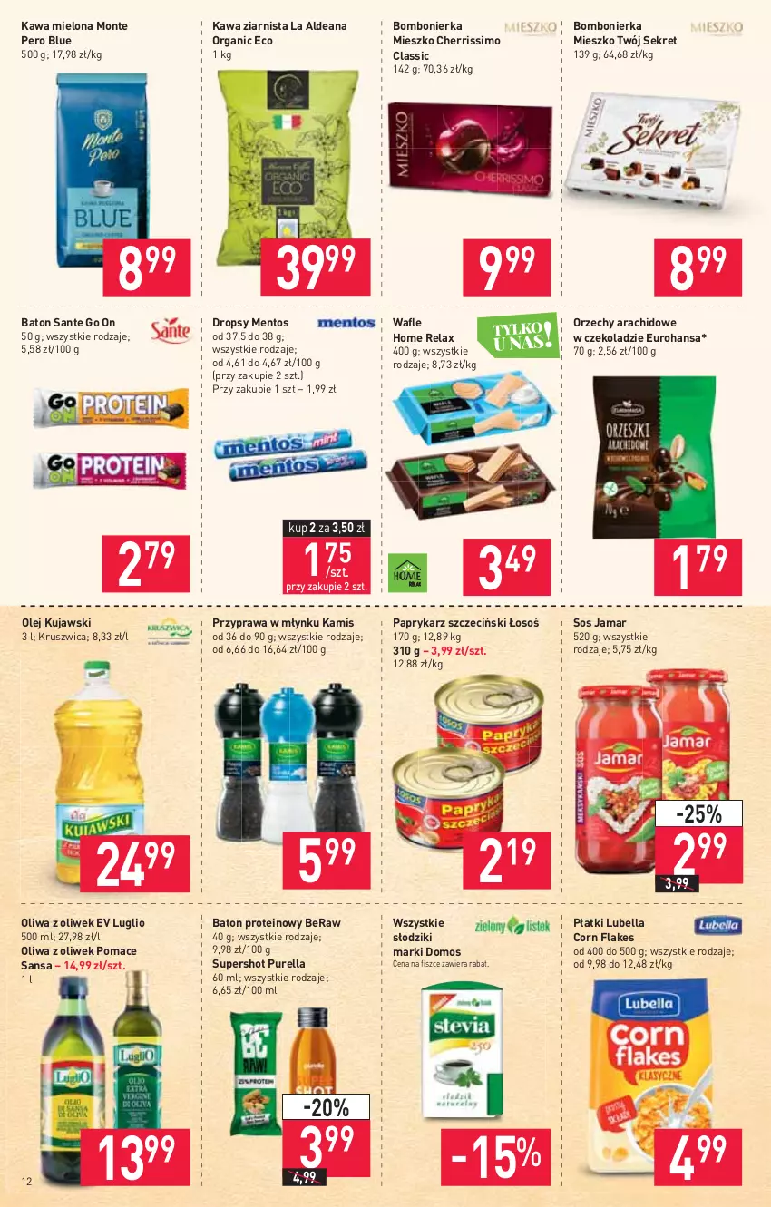 Gazetka promocyjna Stokrotka - Supermarket - ważna 10.11 do 17.11.2021 - strona 12 - produkty: Baton, Bell, Bella, Corn flakes, Kamis, Kawa, Kawa mielona, Kawa ziarnista, Kret, Kujawski, Lubella, Mentos, Monte, Olej, Oliwa z oliwek, Papryka, Paprykarz, Paprykarz szczeciński, Pur, Sante, Sos, Wafle