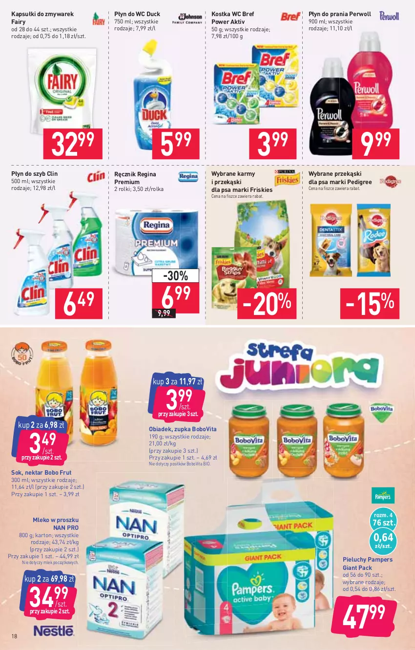 Gazetka promocyjna Stokrotka - Supermarket - ważna 10.11 do 17.11.2021 - strona 18 - produkty: BoboVita, Bref, Clin, Duck, Fa, Fairy, Friskies, Gin, Mleko, Mleko w proszku, Nektar, Pampers, Pedigree, Perwoll, Pieluchy, Płyn do prania, Płyn do szyb, Płyn do wc, Przekąski dla psa, Ręcznik, Rolki, Sok