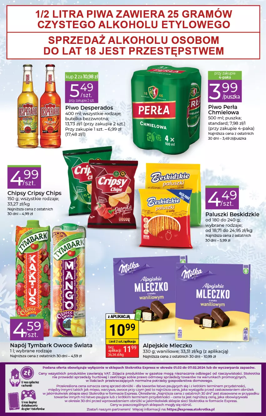 Gazetka promocyjna Stokrotka - Stokrotka Express - ważna 01.02 do 07.02.2024 - strona 3 - produkty: Beskidzki, Chipsy, Desperados, Mięso, Mleczko, Napój, Owoce, Perła, Piwo, Telefon, Tymbark, Warzywa