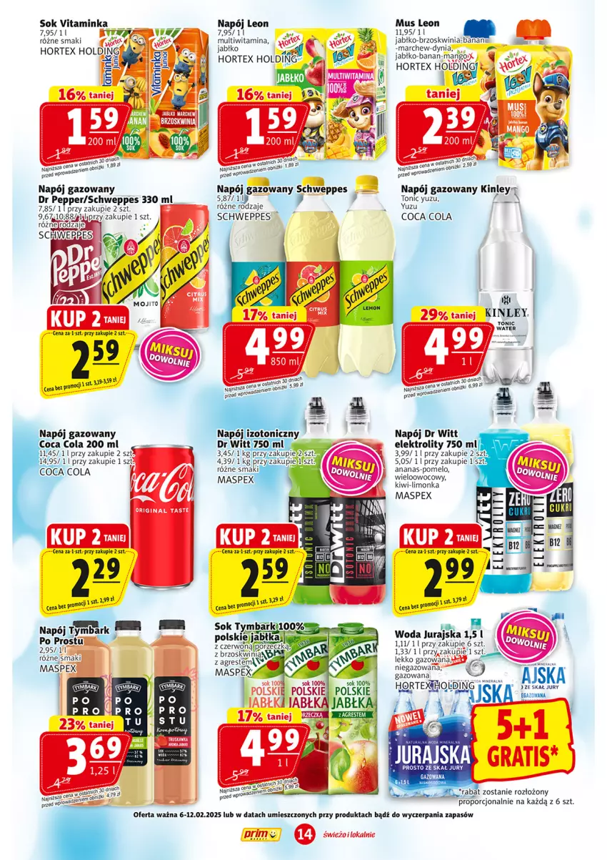 Gazetka promocyjna Prim Market - ważna 06.02 do 12.02.2025 - strona 14 - produkty: Ananas, Gres, Hortex, Inka, Kiwi, Leon, Limonka, Mango, Mus, Napój, Napój gazowany, Napój izotoniczny, Pomelo, Por, Schweppes, Sok, Tymbark, Woda