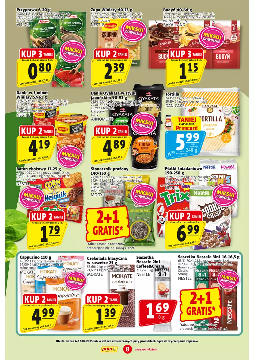 Gazetka promocyjna Prim Market - ważna 06.02 do 12.02.2025 - strona 8 - produkty: Baton, Budyń, Czekolada, Dan Cake, Danio, Por, Słonecznik prażony, Spaghetti, Tortilla, Winiary, Zupa