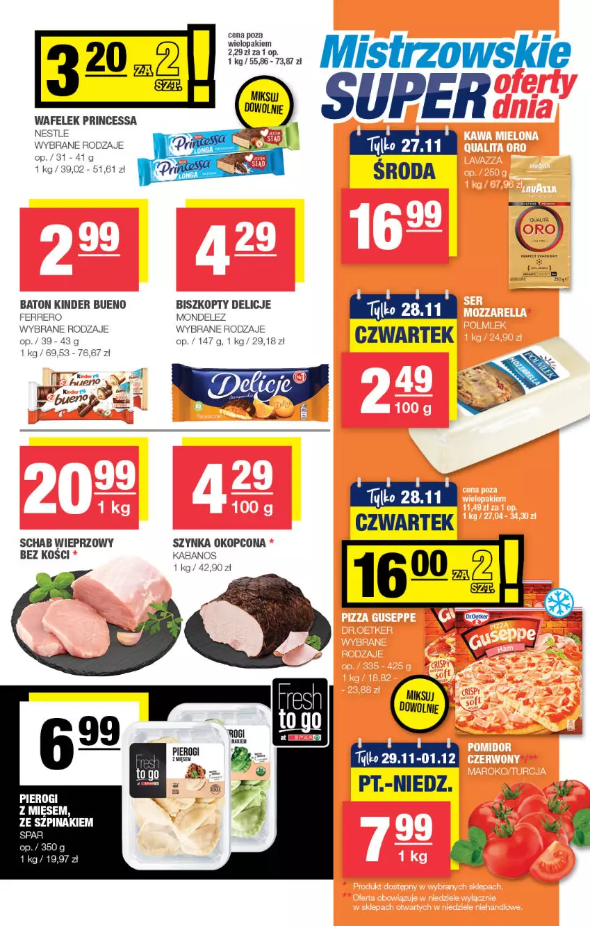 Gazetka promocyjna Spar - Spar-Mini - ważna 17.11 do 27.11.2024 - strona 3 - produkty: Baton, Biszkopty, Delicje, Fa, Ferrero, Kabanos, Kinder, Kinder Bueno, Princessa, Schab wieprzowy, Szynka, Wafelek