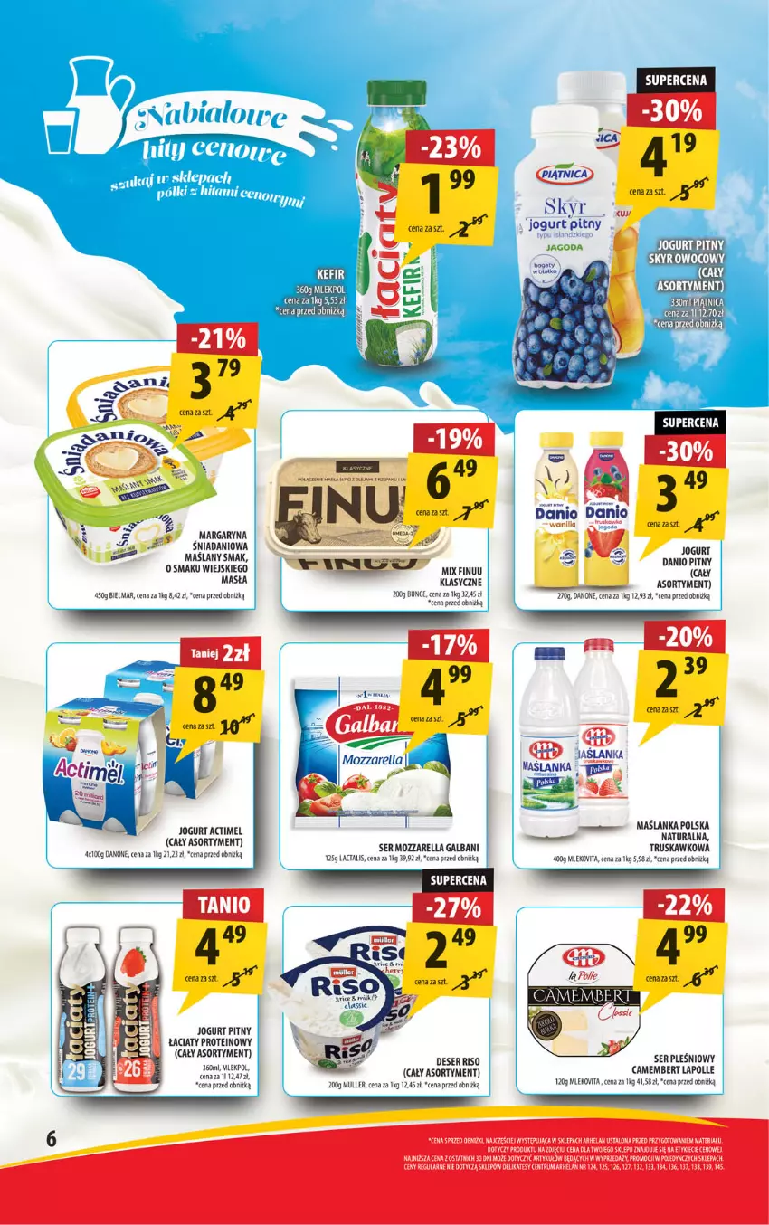 Gazetka promocyjna Arhelan - Gazetka - ważna 09.08 do 18.08.2024 - strona 6 - produkty: Actimel, Camembert, Danio, Danone, Finuu, Galbani, Isla, Jogurt, Jogurt pitny, LG, Margaryna, Maślanka, Mleko, Mozzarella, Rum, Ser, Ser pleśniowy