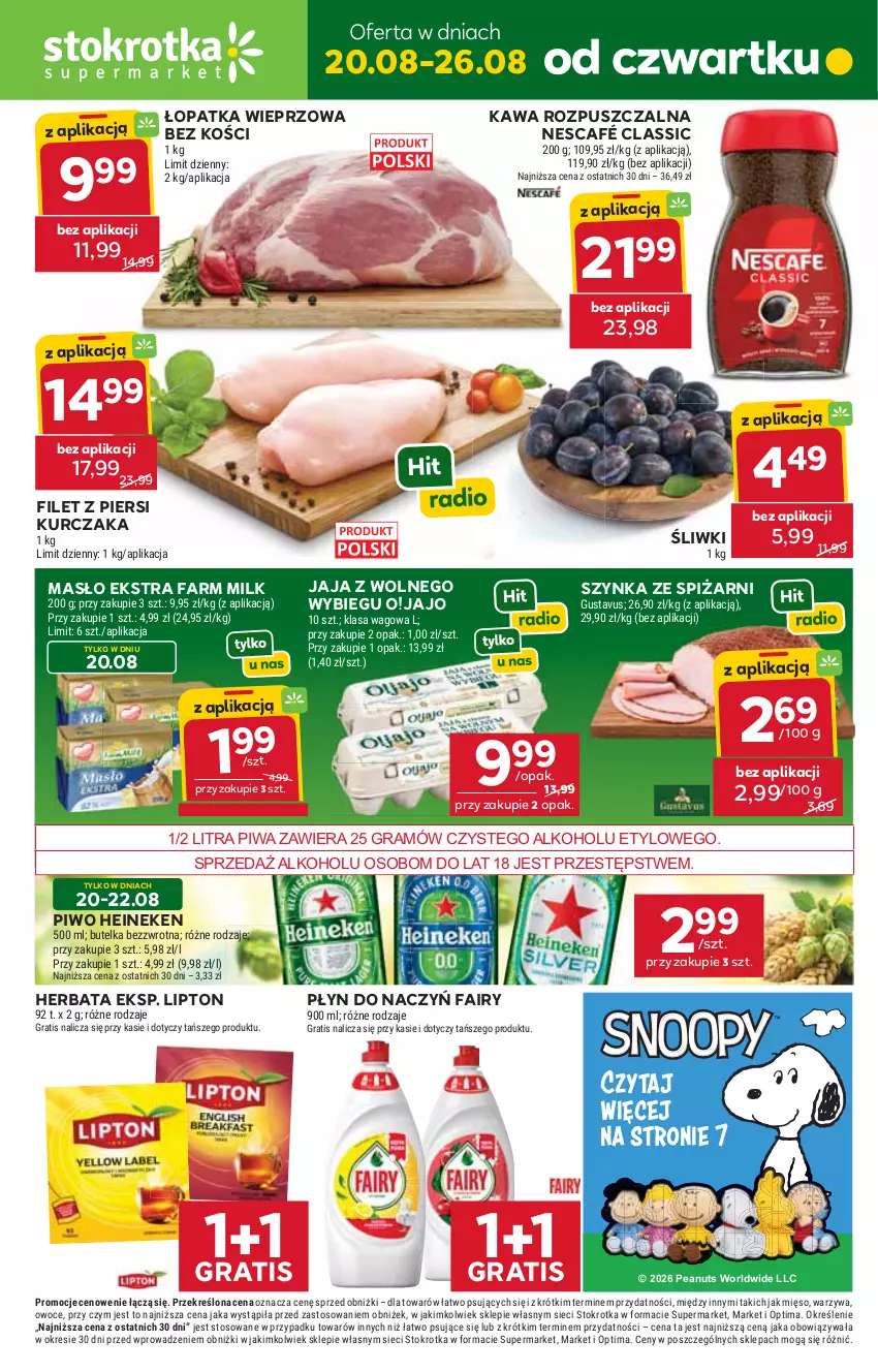 Gazetka promocyjna Stokrotka - Supermarket - ważna 20.08 do 26.08.2026 - strona 1 - produkty: Fa, Fairy, Farm Milk, Filet z piersi kurczaka, Gra, Heineken, Herbata, Jaja, Jaja z wolnego wybiegu, Kawa, Kawa rozpuszczalna, Kurczak, Lipton, Masło, Mięso, Nescafé, Optima, Owoce, Piwa, Piwo, Szynka, Warzywa