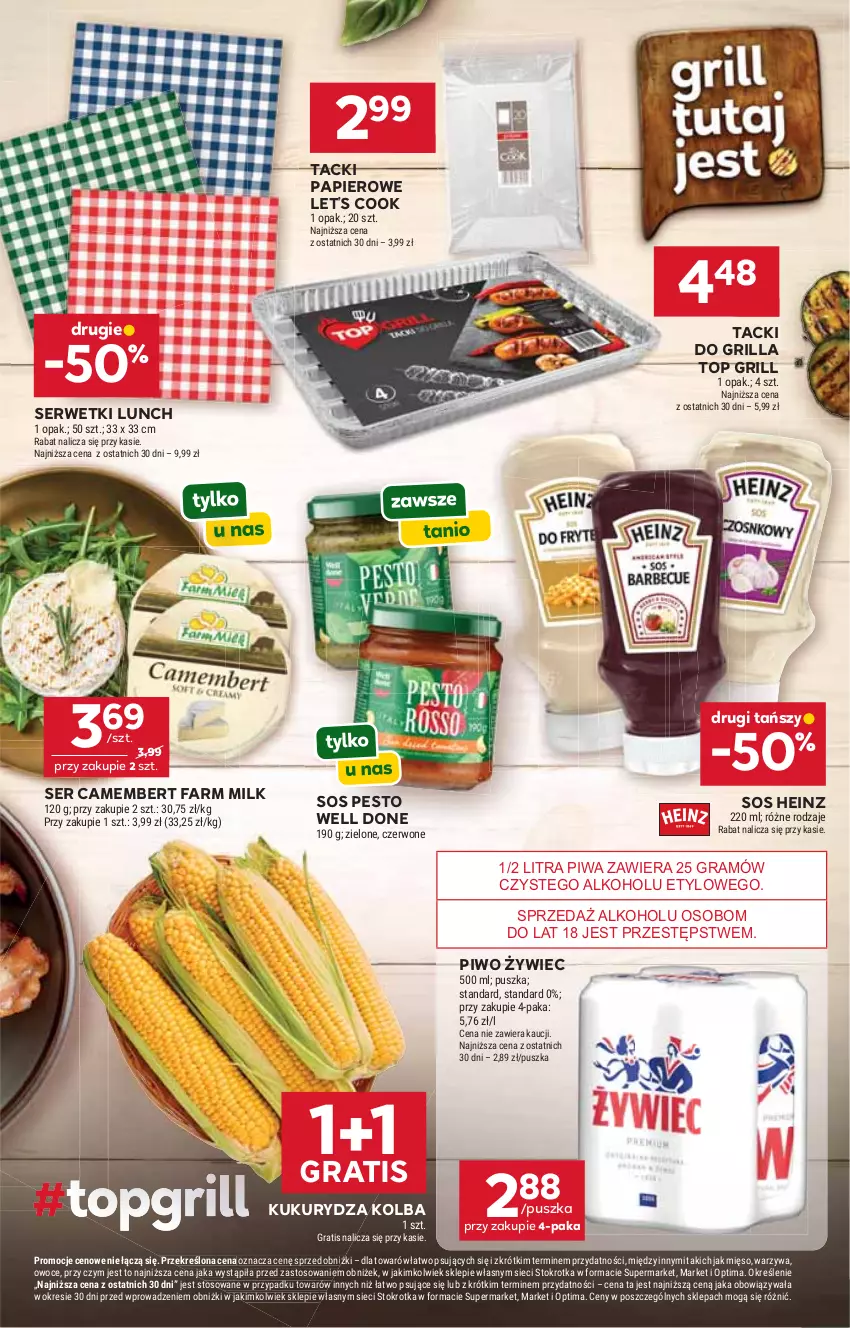 Gazetka promocyjna Stokrotka - Supermarket - ważna 20.08 do 26.08.2026 - strona 17 - produkty: Camembert, Fa, Farm Milk, Gra, Grill, Heinz, Kukurydza, Mięso, Optima, Owoce, Papier, Pesto, Piwa, Piwo, Ser, Serwetki, Sos, Top, Warzywa