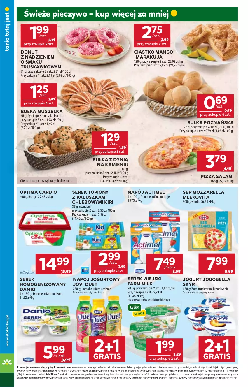 Gazetka promocyjna Stokrotka - Supermarket - ważna 20.08 do 26.08.2026 - strona 18 - produkty: Actimel, Bell, Bella, Bułka, Chleb, Danio, Danone, Donut, Dynią, Fa, Farm Milk, Gra, Jogobella, Jogurt, Mango, Mięso, Mleko, Mlekovita, Mozzarella, Mus, Napój, Napój jogurtowy, Optima, Optima Cardio, Owoce, Piec, Pieczywo, Pizza, Salami, Ser, Serek, Serek homogenizowany, Serek wiejski, Top, Warzywa, Zott