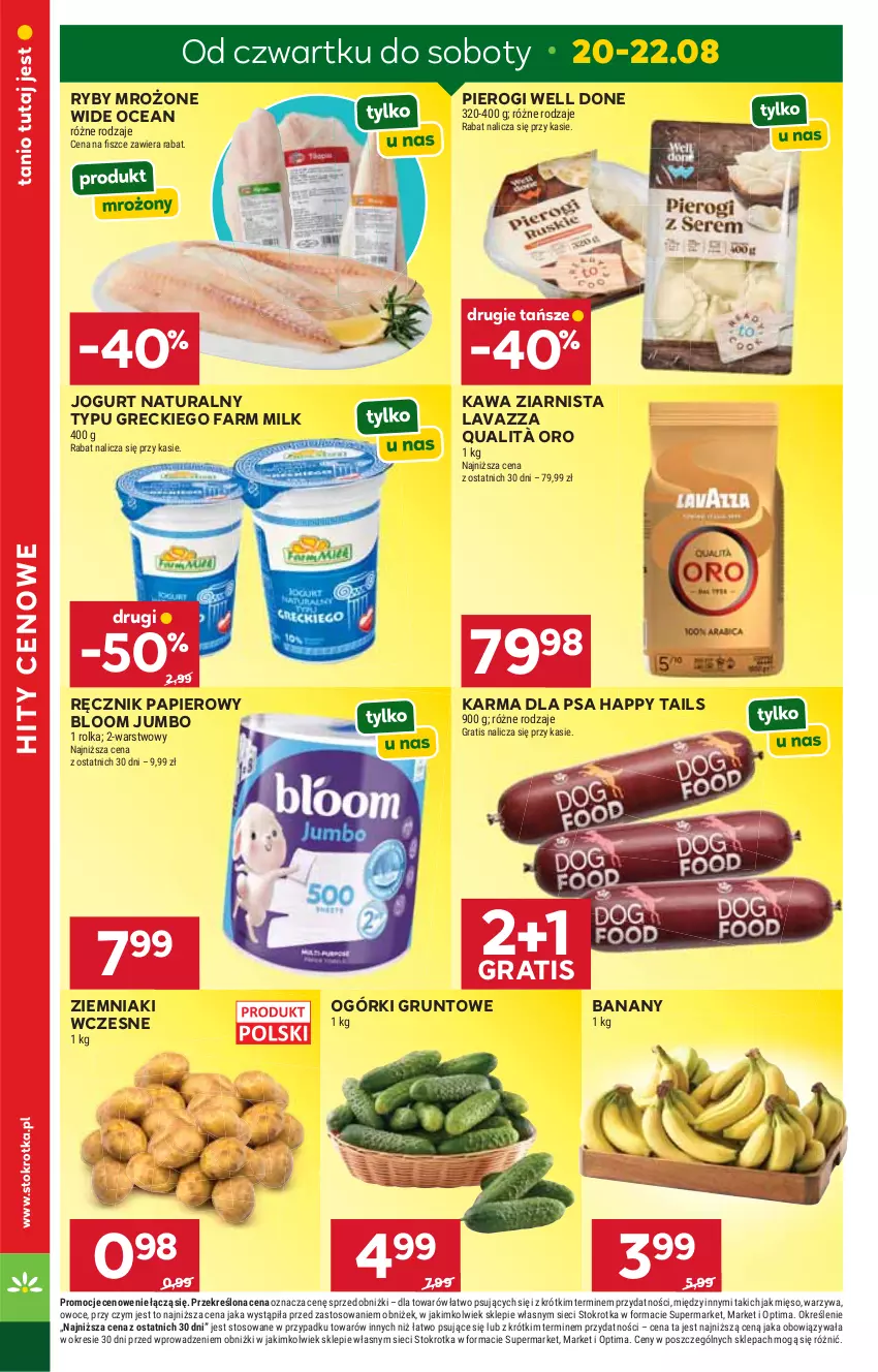 Gazetka promocyjna Stokrotka - Supermarket - ważna 20.08 do 26.08.2026 - strona 2 - produkty: Banany, Fa, Farm Milk, Gra, Grunt, Jogurt, Jogurt naturalny, Kawa, Kawa ziarnista, Lavazza, Mięso, Optima, Owoce, Papier, Pierogi, Ręcznik, Warzywa, Ziemniaki