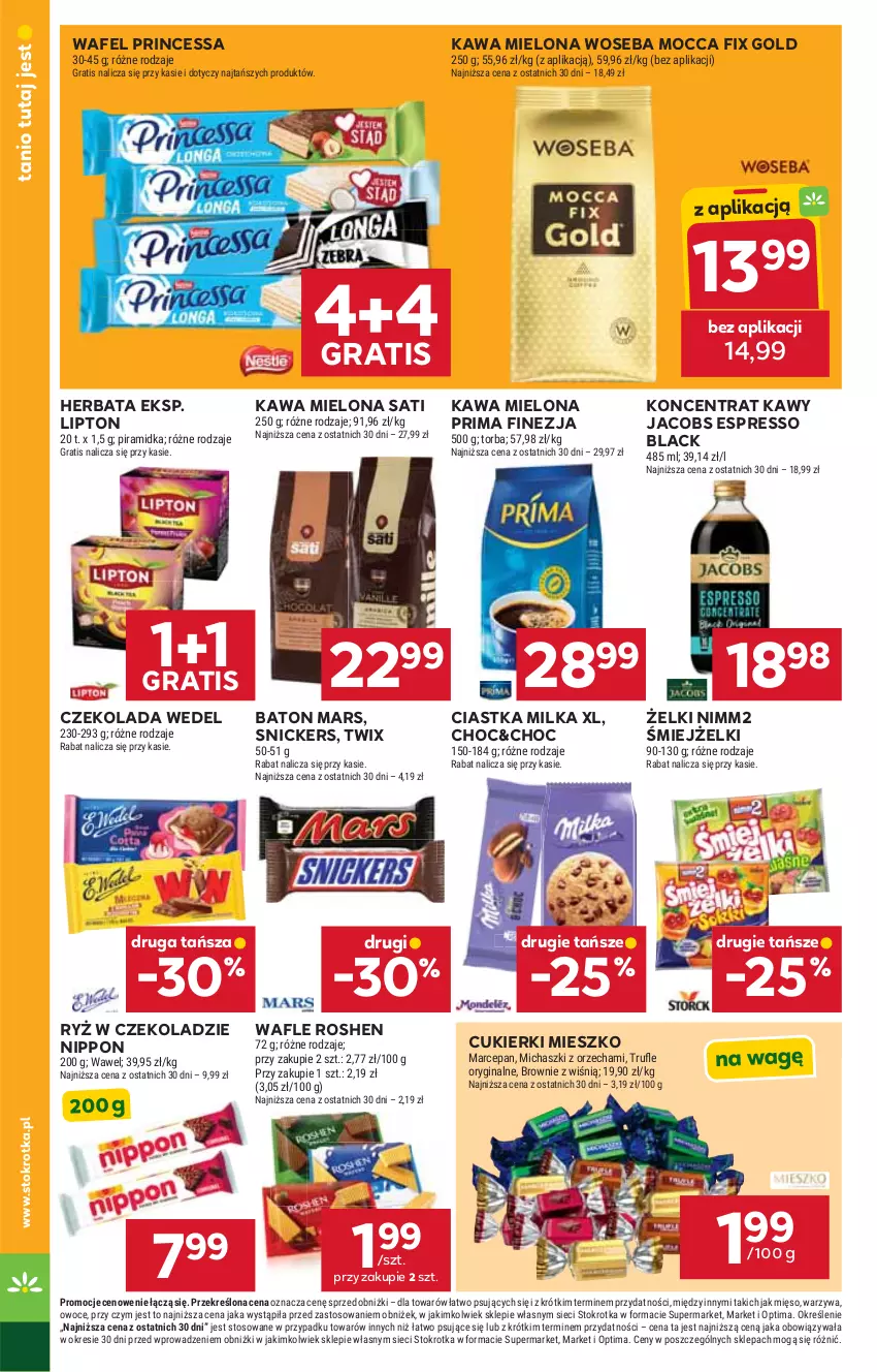 Gazetka promocyjna Stokrotka - Supermarket - ważna 20.08 do 26.08.2026 - strona 26 - produkty: Baton, Brownie, Ciastka, Cukier, Cukierki, Czekolada, Gin, Gra, Herbata, Jacobs, Kawa, Kawa mielona, Lack, Lipton, Mars, Mięso, Milka, Mocca Fix Gold, Nimm2, Optima, Owoce, Prima, Princessa, Ryż, Sati, Snickers, Torba, Twix, Wafle, Warzywa, Wawel, Woseba