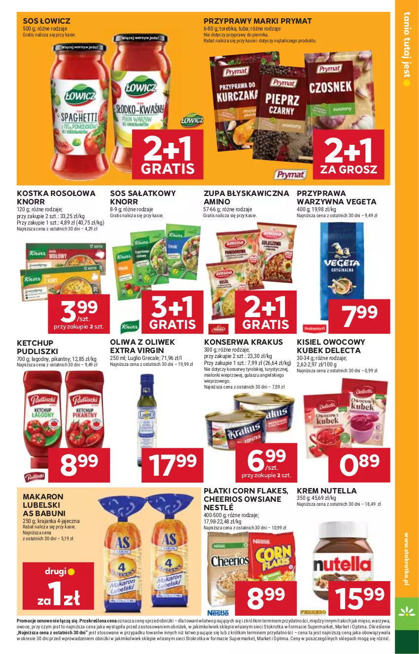 Gazetka promocyjna Stokrotka - Supermarket - ważna 20.08 do 26.08.2026 - strona 27 - produkty: Babuni, Cheerios, Corn flakes, Delecta, Gin, Gra, Ketchup, Kisiel, Knorr, Krakus, Kubek, Makaron, Mięso, Nestlé, Nutella, Oliwa, Oliwa z oliwek, Optima, Owoce, Piernik, Prymat, Przyprawy, Pudliszki, Sałat, Ser, Sos, Torebka, Vegeta, Warzywa, Zupa