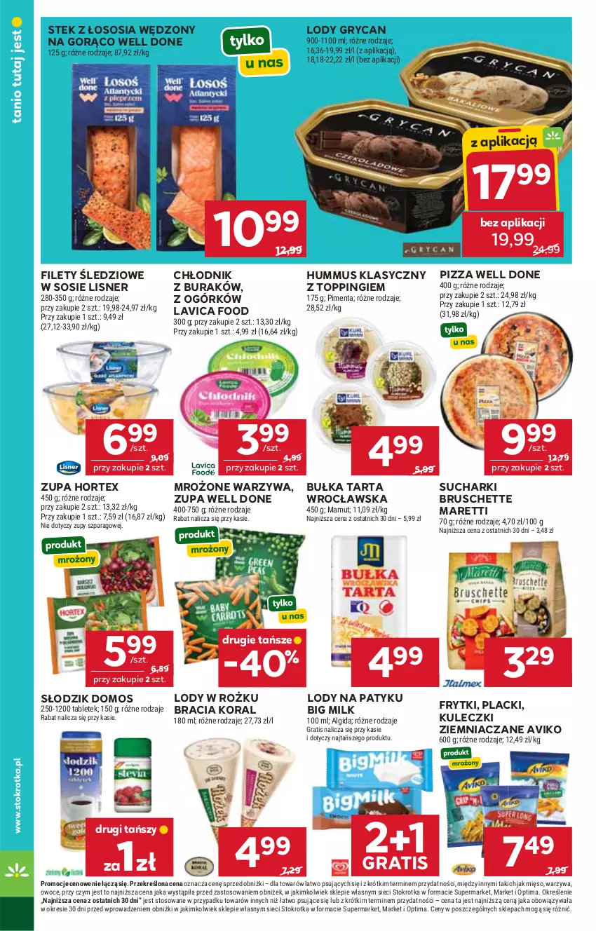 Gazetka promocyjna Stokrotka - Supermarket - ważna 20.08 do 26.08.2026 - strona 28 - produkty: Algida, Big Milk, Bruschette, Bułka, Bułka tarta, Frytki, Gra, Gry, Hortex, Hummus, Lack, LG, Lisner, Lody, Mięso, Mus, Optima, Owoce, Pizza, Sos, Stek, Tablet, Tarta, Top, Warzywa, Zupa