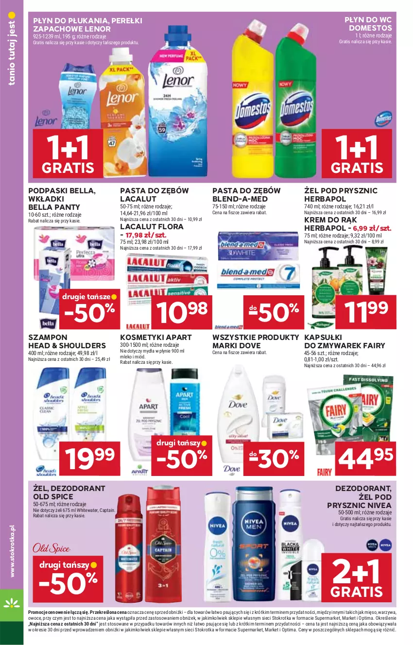 Gazetka promocyjna Stokrotka - Supermarket - ważna 20.08 do 26.08.2026 - strona 34 - produkty: Bell, Bella, Blend-a-Med, Dezodorant, Domestos, Dove, Fa, Fairy, Flora, Gra, Herbapol, Krem do rąk, Lacalut, Lenor, Mięso, Miód, Mleko, Nivea, Old Spice, Optima, Owoce, Pasta do zębów, Perełki zapachowe, Płyn do płukania, Płyn do wc, Podpaski, Szampon, Warzywa, Wkładki