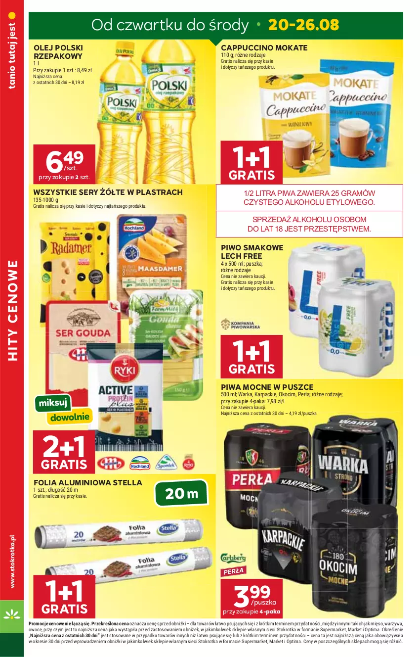 Gazetka promocyjna Stokrotka - Supermarket - ważna 20.08 do 26.08.2026 - strona 4 - produkty: Cappuccino, Folia aluminiowa, Gra, Karp, Koc, Mięso, Okocim, Olej, Optima, Owoce, Perła, Piwa, Piwo, Ser, Warka, Warzywa