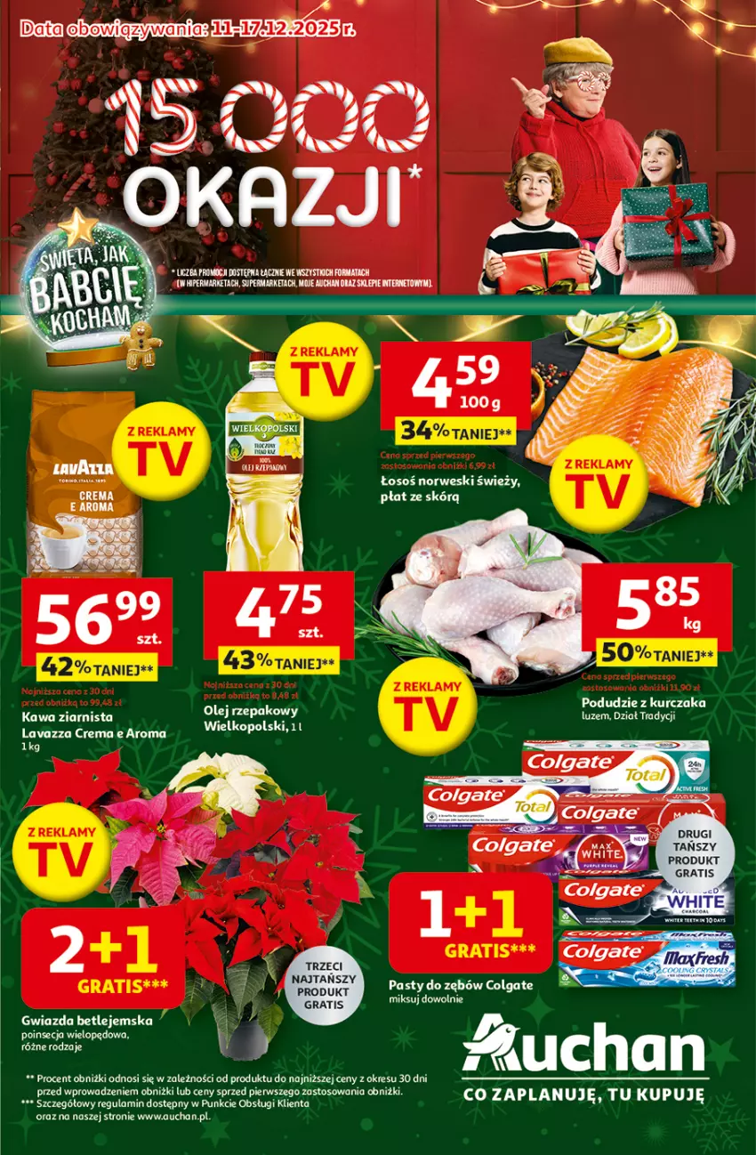 Gazetka promocyjna Auchan - Święta jak babcię kocham Hipermarket - ważna 11.12 do 17.12.2025 - strona 1 - produkty: Colgate, Gra, Gwiazda, Kawa, Kawa ziarnista, Kurczak, Lavazza, LG, Olej, Podudzie z kurczaka, Poinsecja