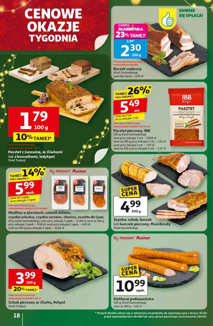 Gazetka promocyjna Auchan - Święta jak babcię kocham Hipermarket - ważna 11.12 do 17.12.2025 - strona 18 - produkty: Boczek, Kiełbasa, Kiełbasa podwawelska, Pasztet, Pekpol, Piec, Salami, Schab pieczony, Ser, Szynka, Wawel