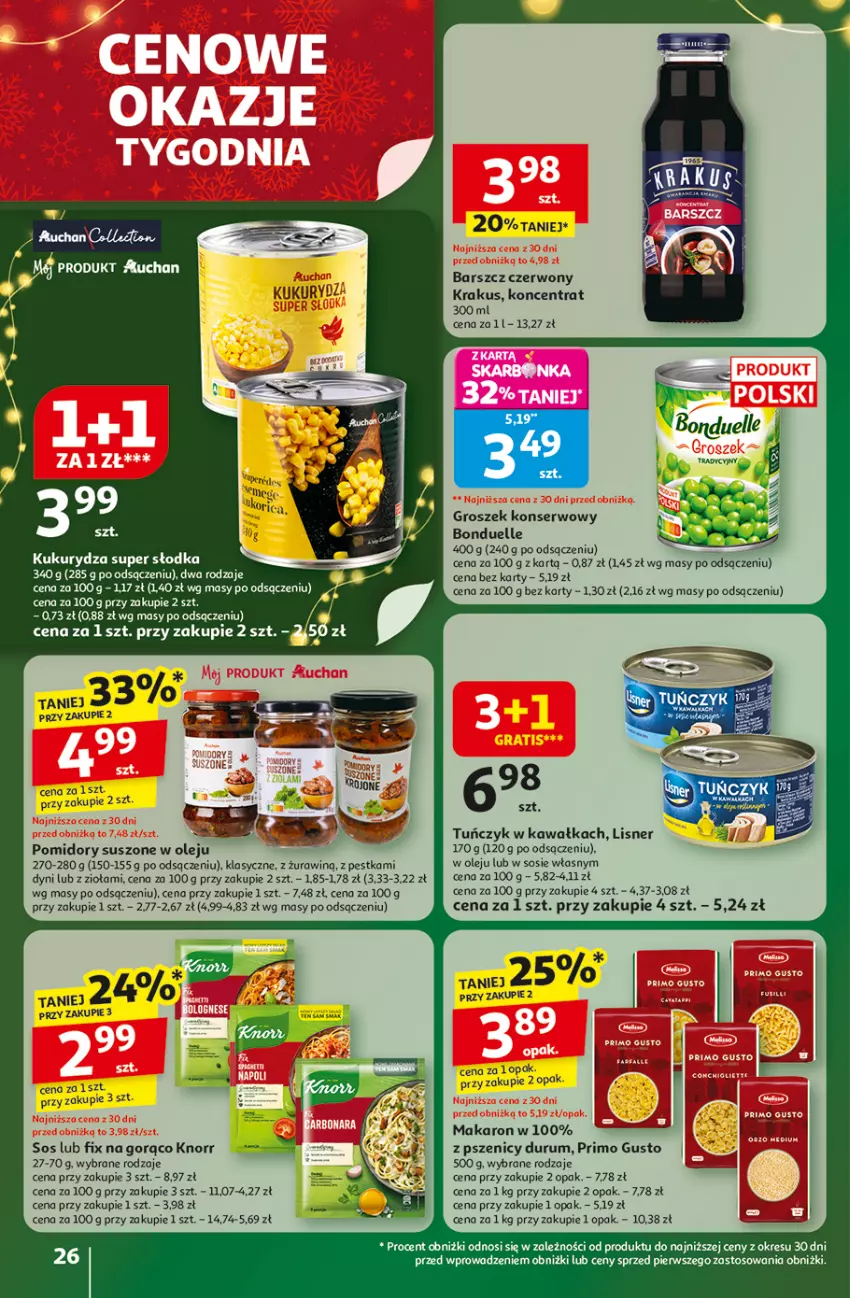 Gazetka promocyjna Auchan - Święta jak babcię kocham Hipermarket - ważna 11.12 do 17.12.2025 - strona 26 - produkty: Bonduelle, Groszek, Kawa, Knorr, Krakus, Lisner, Makaron, Olej, Pomidory, Rum, Ser, Sos, Tuńczyk