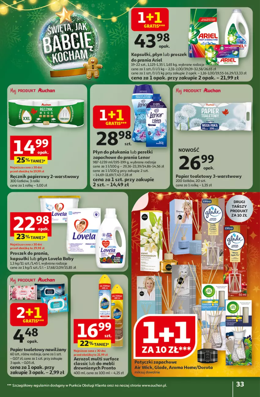 Gazetka promocyjna Auchan - Święta jak babcię kocham Hipermarket - ważna 11.12 do 17.12.2025 - strona 33 - produkty: Air Wick, Ariel, Fa, Lenor, Lovela, Papier, Papier toaletowy, Perełki zapachowe, Płyn do płukania, Pronto, Proszek do prania, Ręcznik, Rolki, Surf