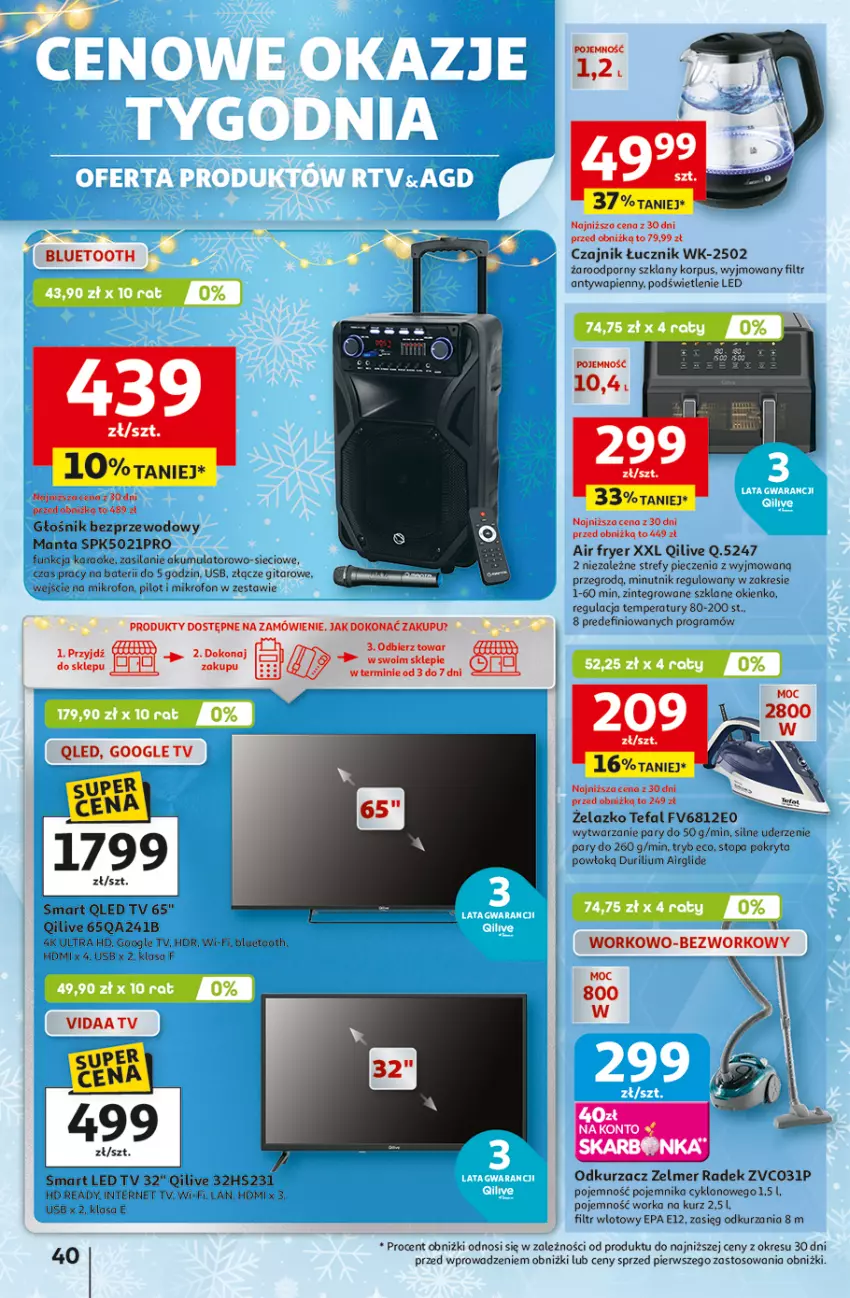 Gazetka promocyjna Auchan - Święta jak babcię kocham Hipermarket - ważna 11.12 do 17.12.2025 - strona 40 - produkty: Akumulator, Czajnik, Fa, Głośnik, Gra, LED TV, Manta, Mikrofon, Odkurzacz, Piec, Pojemnik, Por, Silan, Tefal, Top, Warka, Zelmer