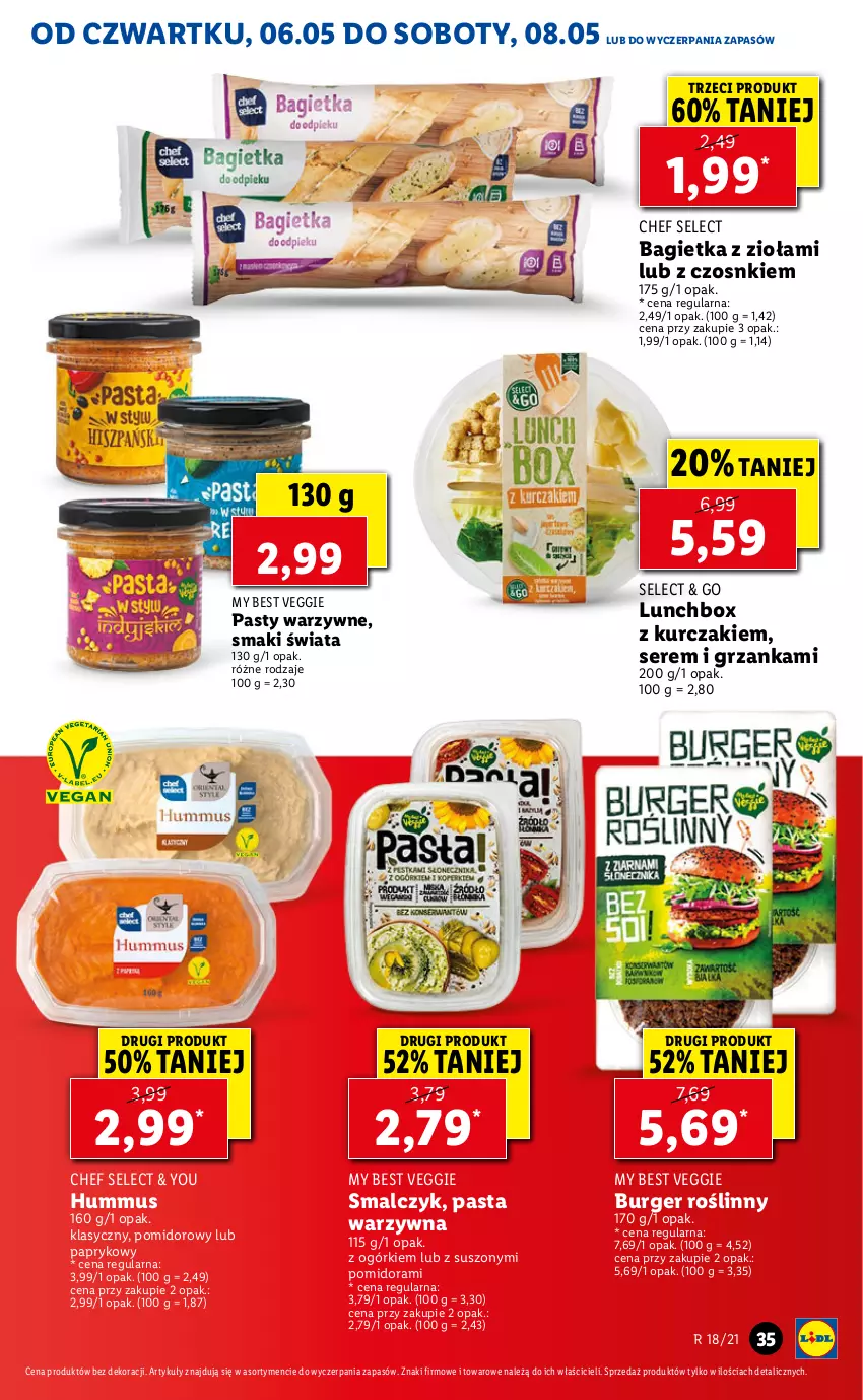 Gazetka promocyjna Lidl - GAZETKA - ważna 06.05 do 08.05.2021 - strona 35 - produkty: Bagietka, Burger, Hummus, Kurczak, Mus, Pasta warzywna, Ser