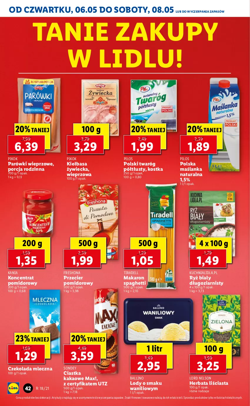 Gazetka promocyjna Lidl - GAZETKA - ważna 06.05 do 08.05.2021 - strona 42 - produkty: Ciastka, Czekolada, Czekolada mleczna, Dell, Herbata, Kakao, Kiełbasa, Koncentrat pomidorowy, Kuchnia, Lody, Makaron, Maślanka, Parówki, PIKOK, Pilos, Por, Ryż, Ryż biały, Spaghetti, Twaróg, Twaróg półtłusty